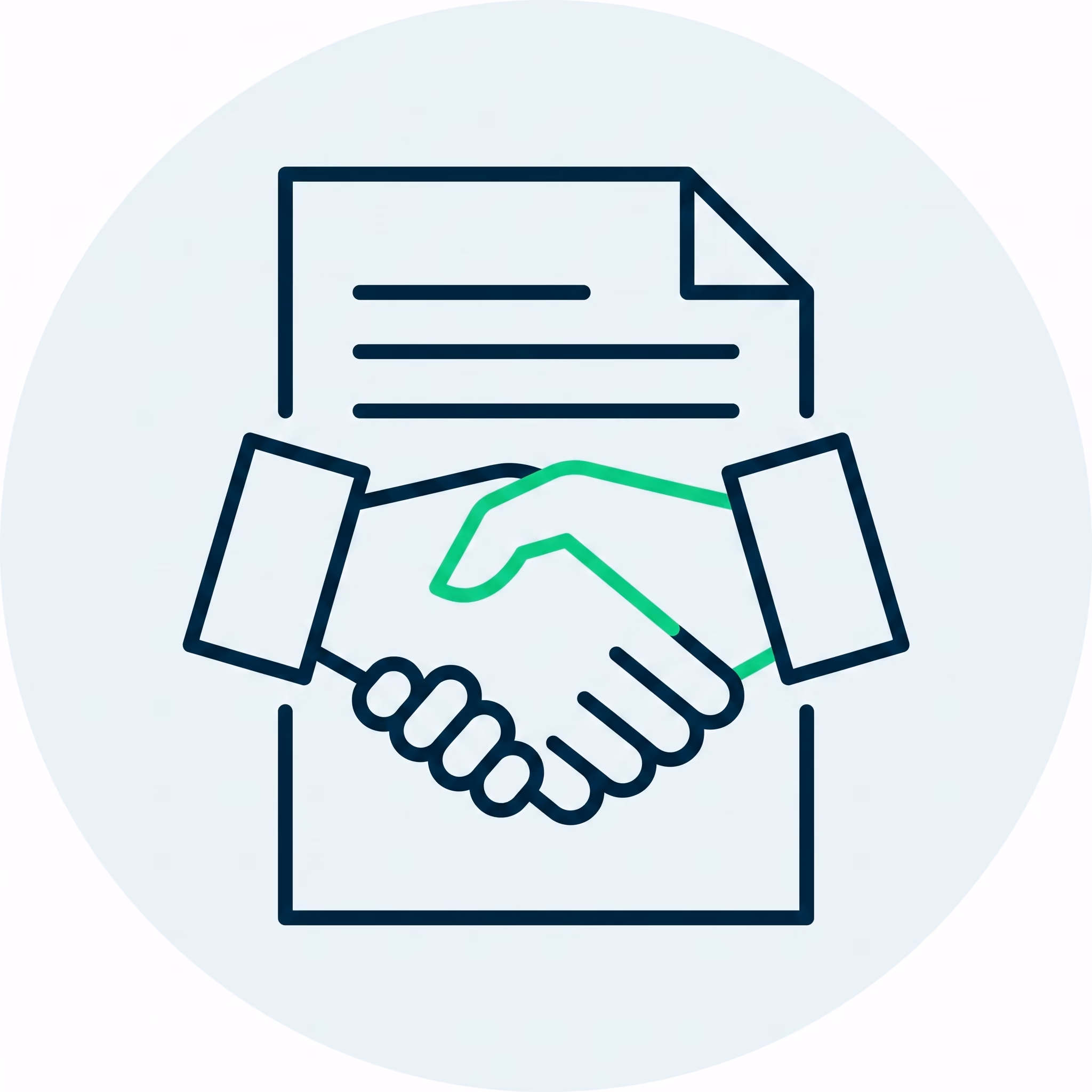 Icon of two hands shaking in front of a document, symbolizing agreement or contract.