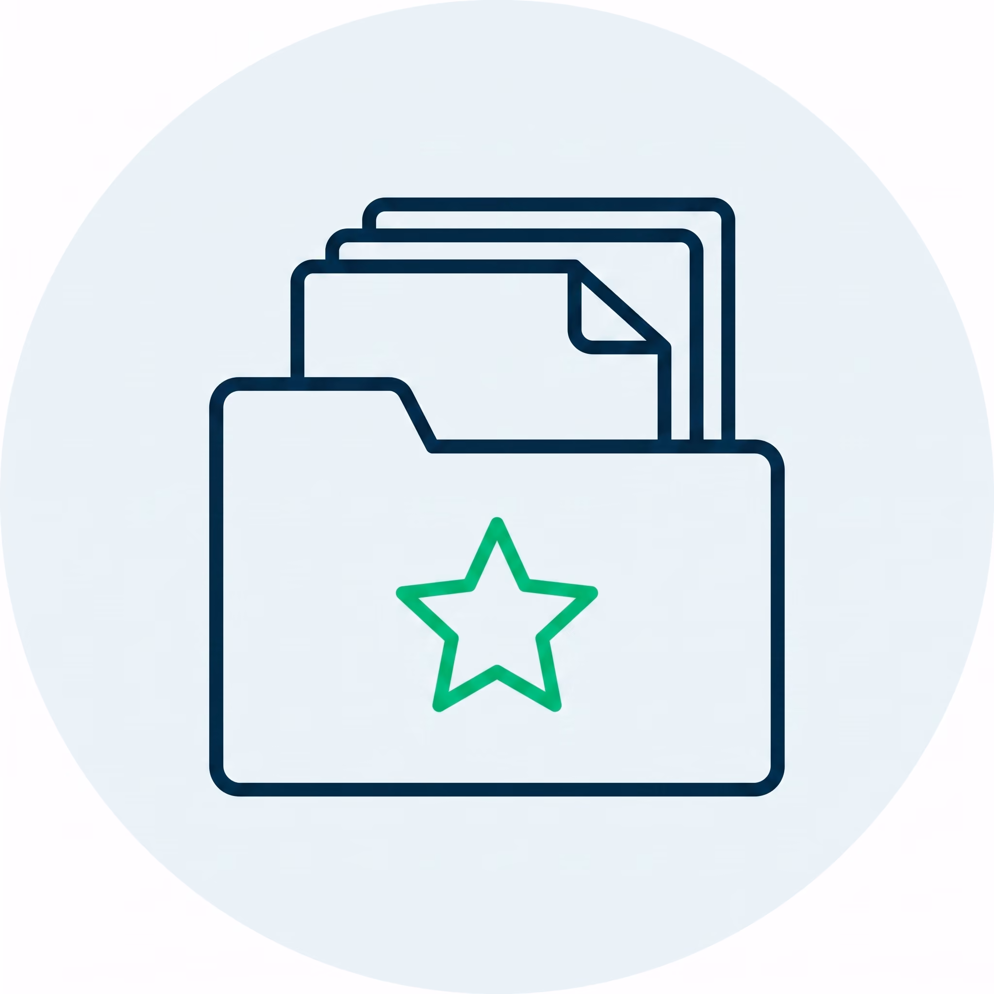 Open folder icon with three documents inside and a green star on the folder front.