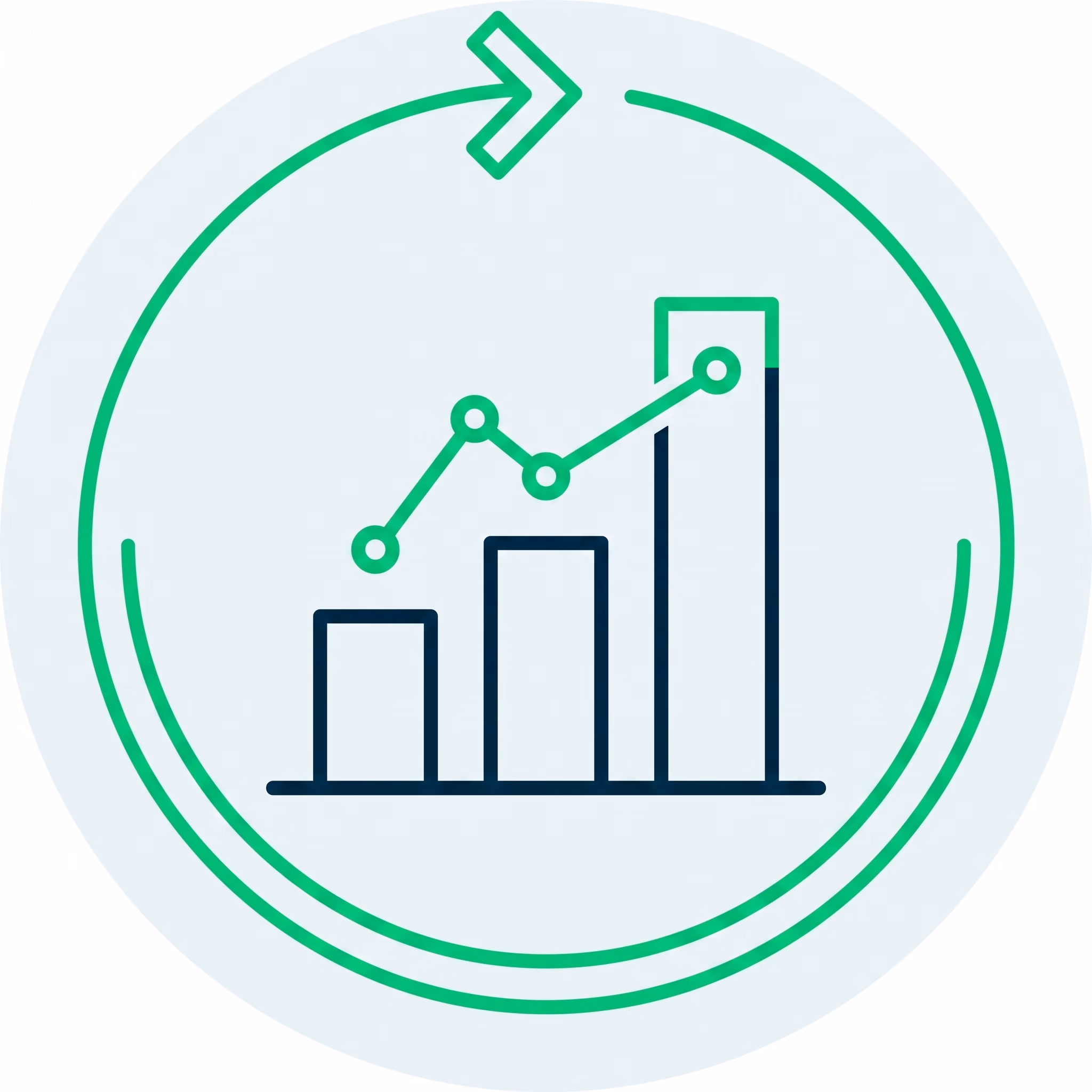 Bar chart with ascending bars and a rising line graph enclosed by a circular arrow symbol.