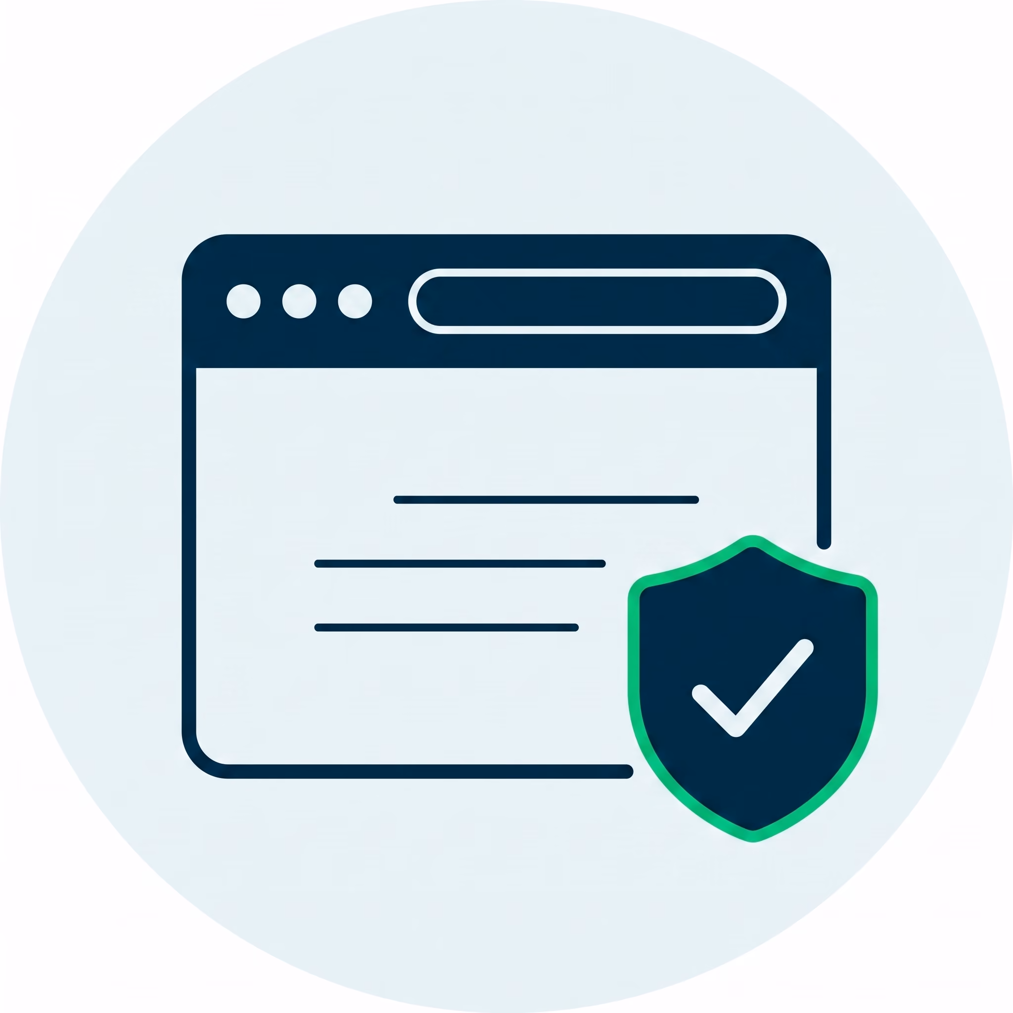 Browser window icon with a shield and checkmark symbolizing web security and safety.