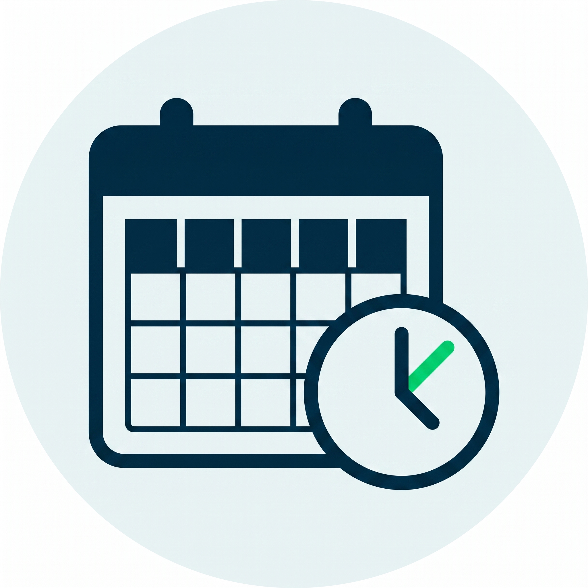 Calendar icon with a clock showing time, representing scheduling or appointments.