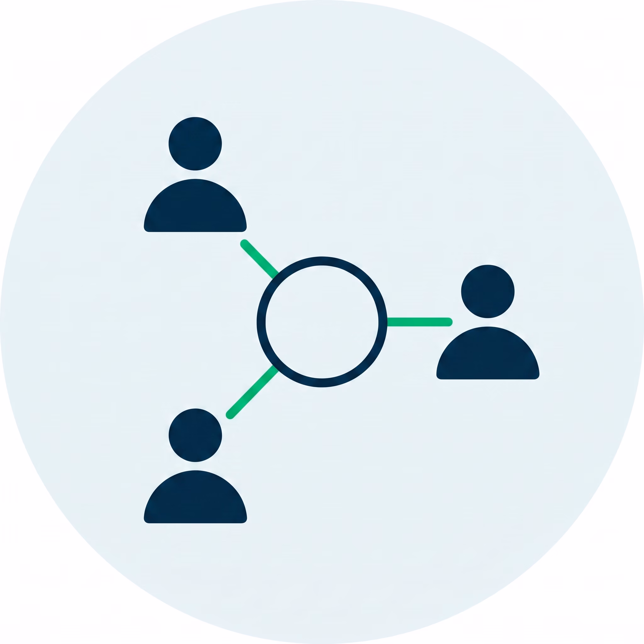 Icon showing three user silhouettes connected to a central circle by green lines