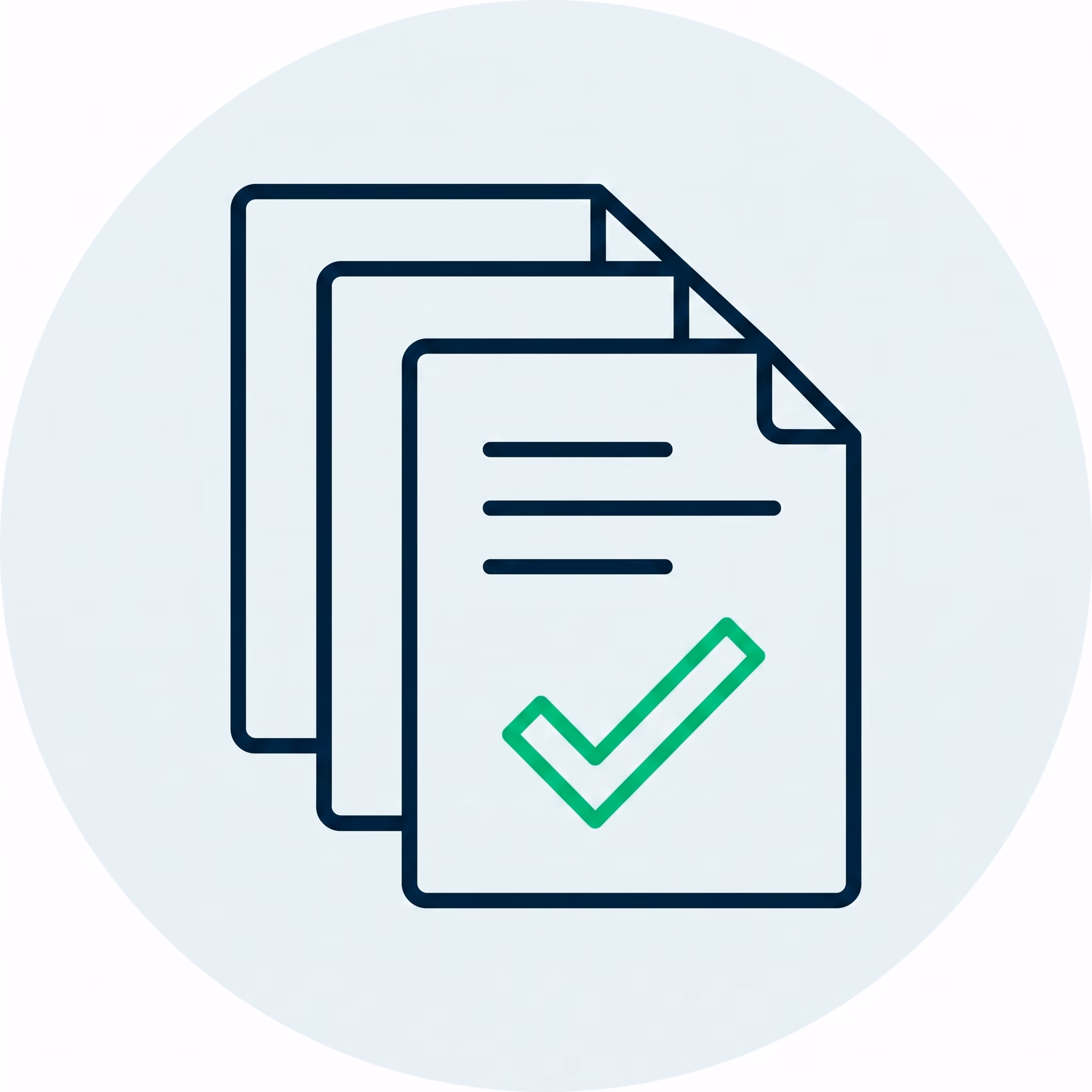 Icon of three documents with the front one showing a green checkmark and text lines.