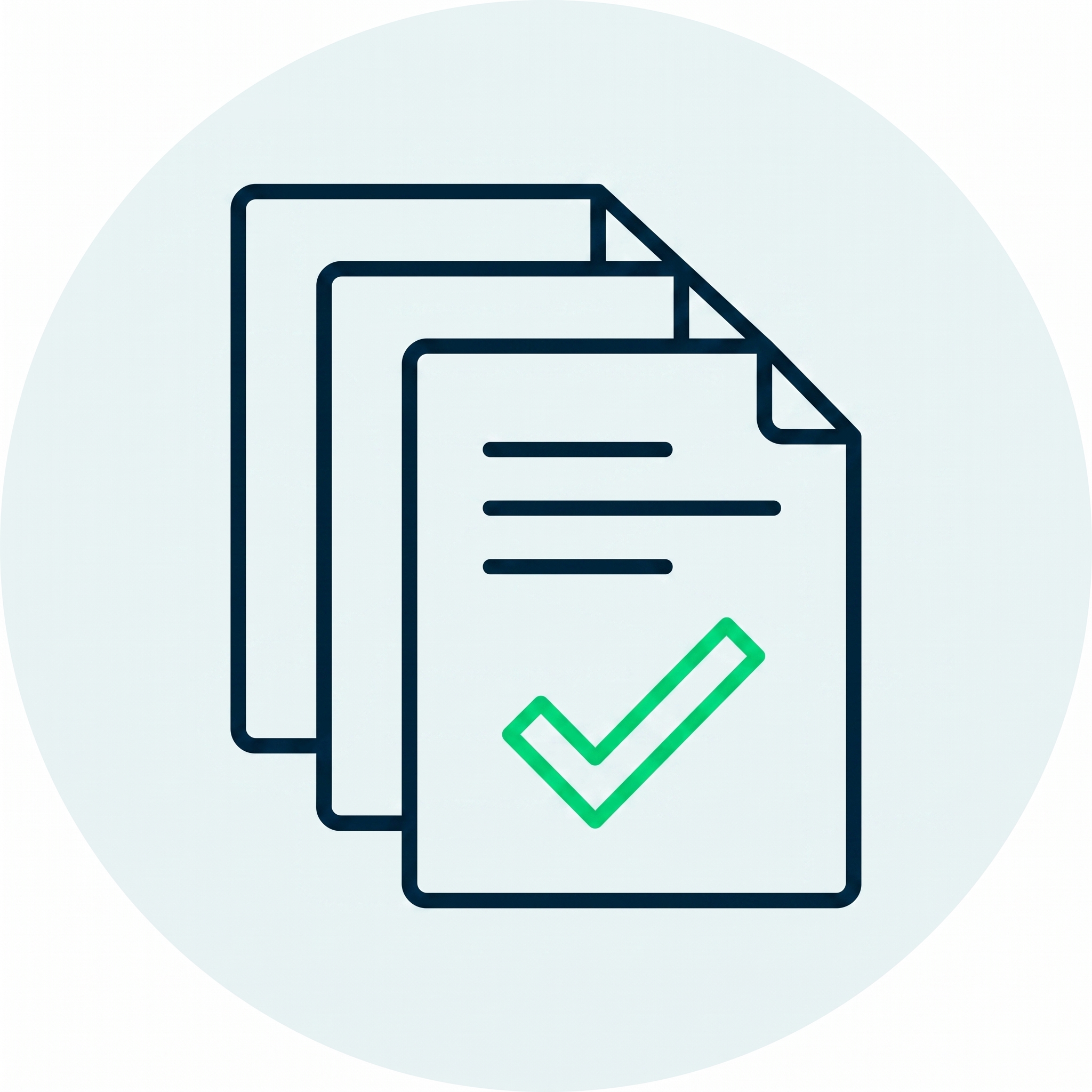 Icon of three documents with the front one showing a green checkmark and text lines.