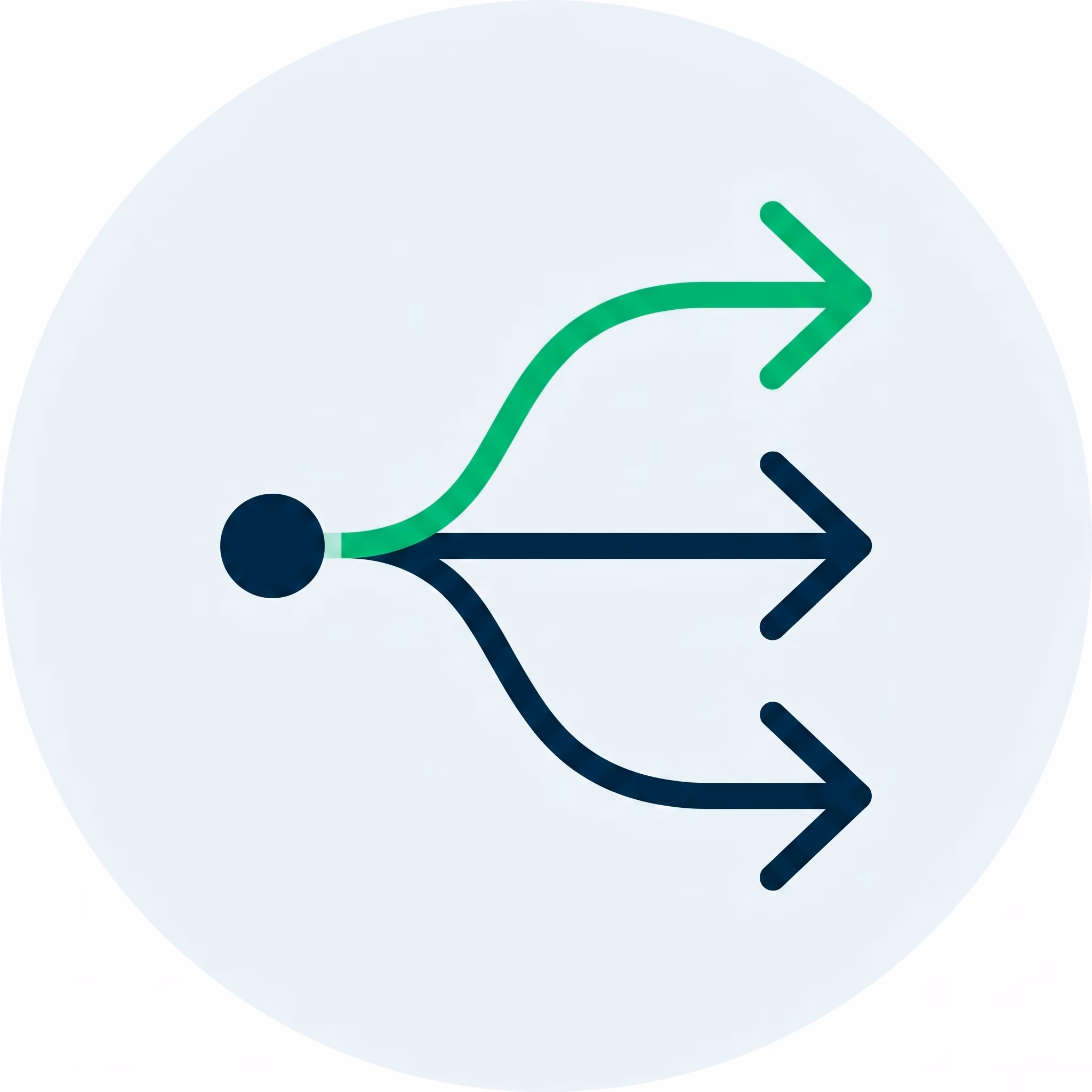Icon showing three arrows diverging from a single dot inside a light blue circle.