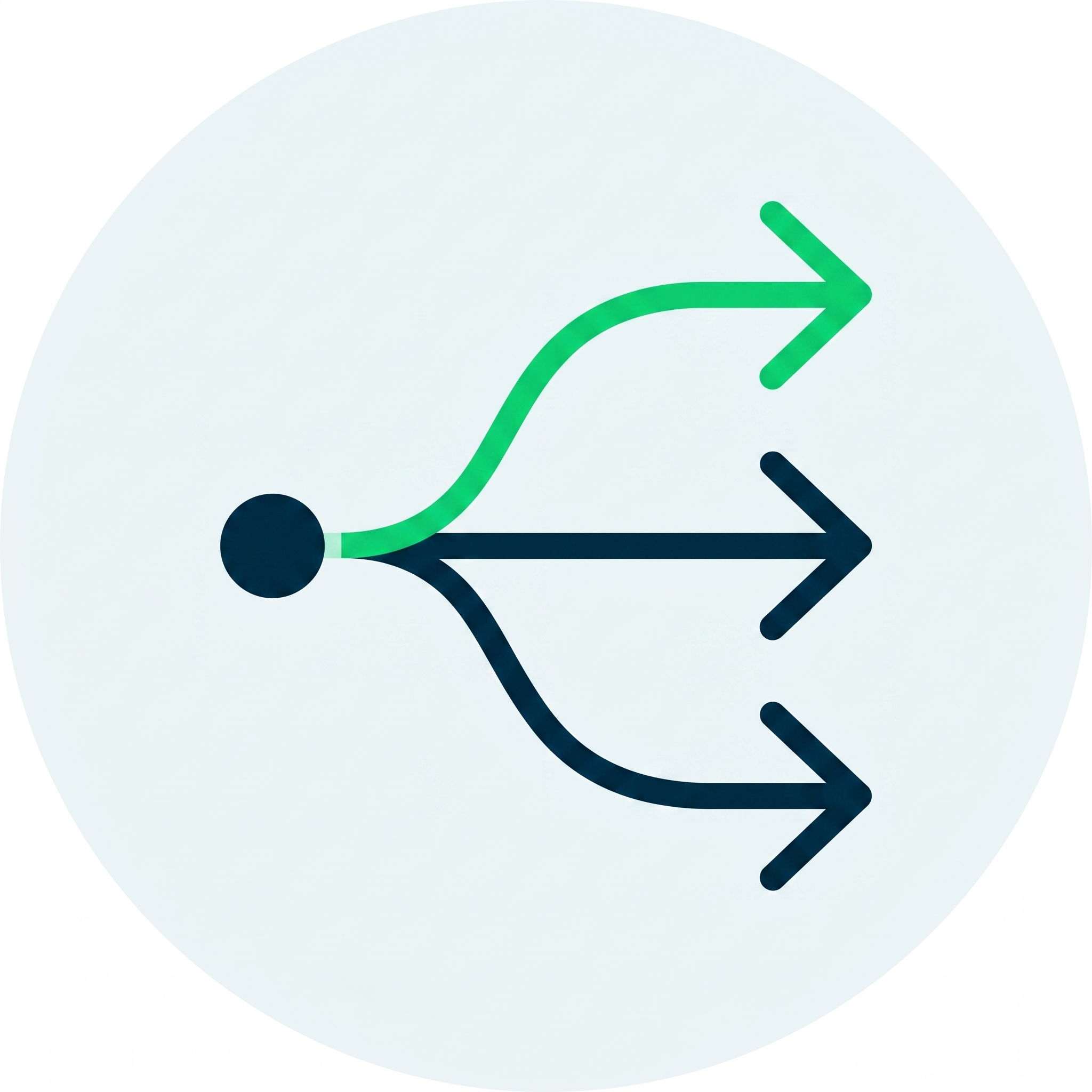 Icon showing three arrows diverging from a single dot inside a light blue circle.