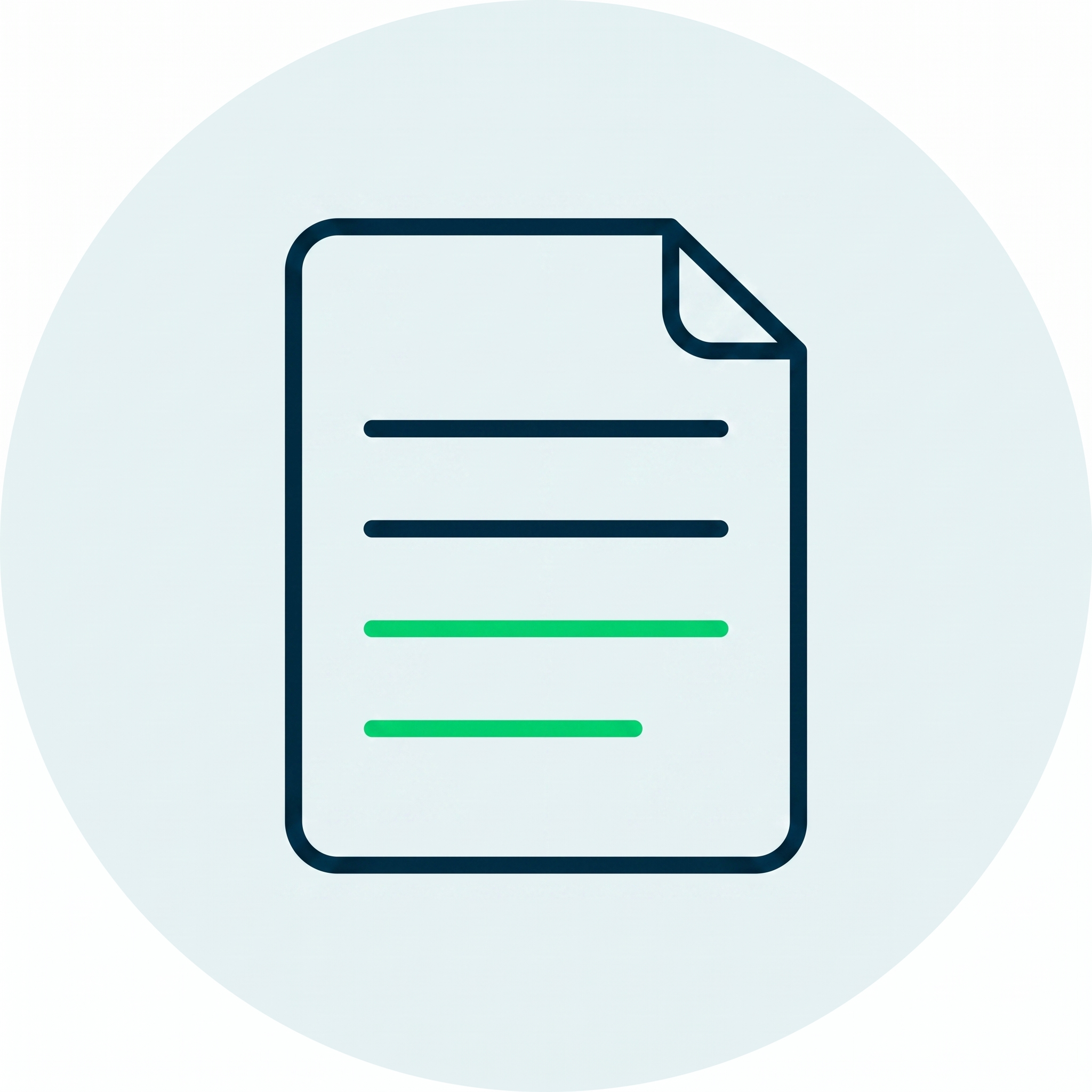 Icon of a document with black and green horizontal lines on a light blue circular background.