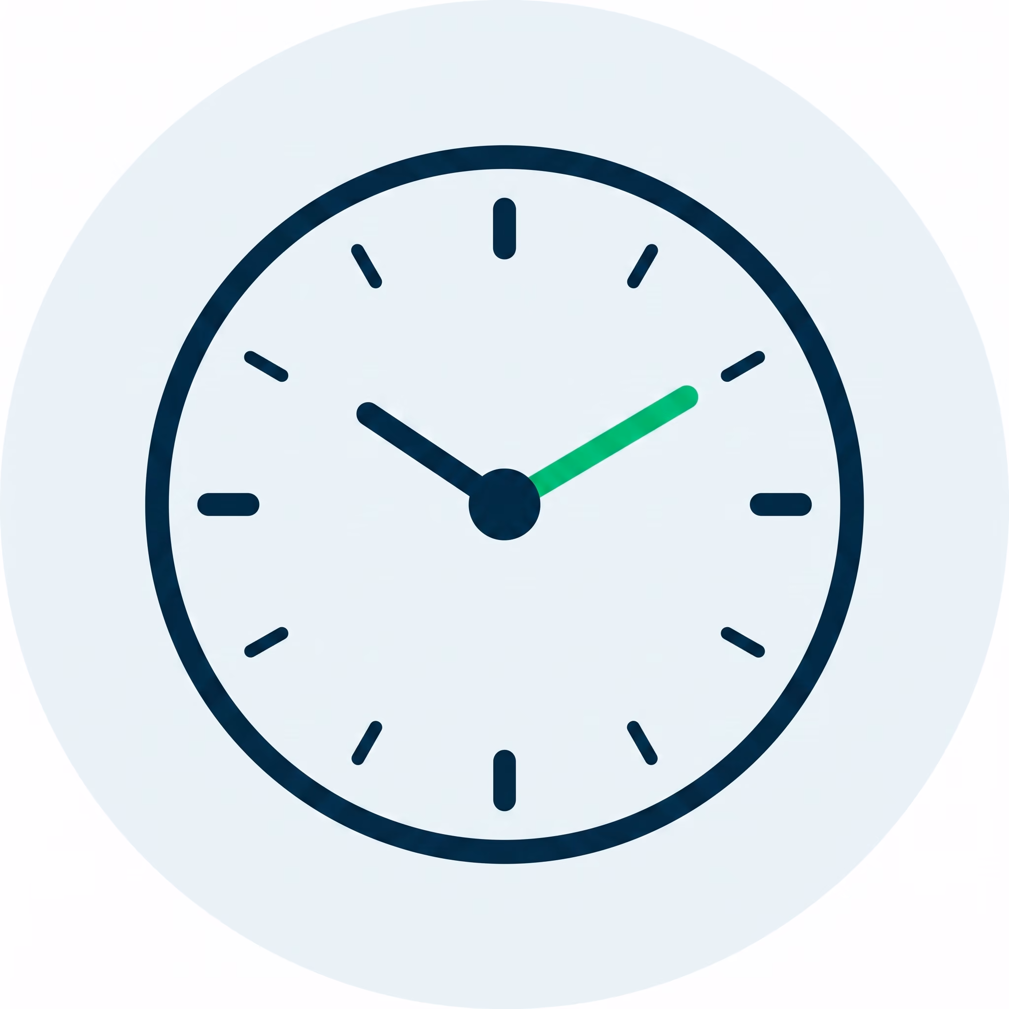 Clock showing time at 10:09 with green minute hand and blue hour hand on light background.