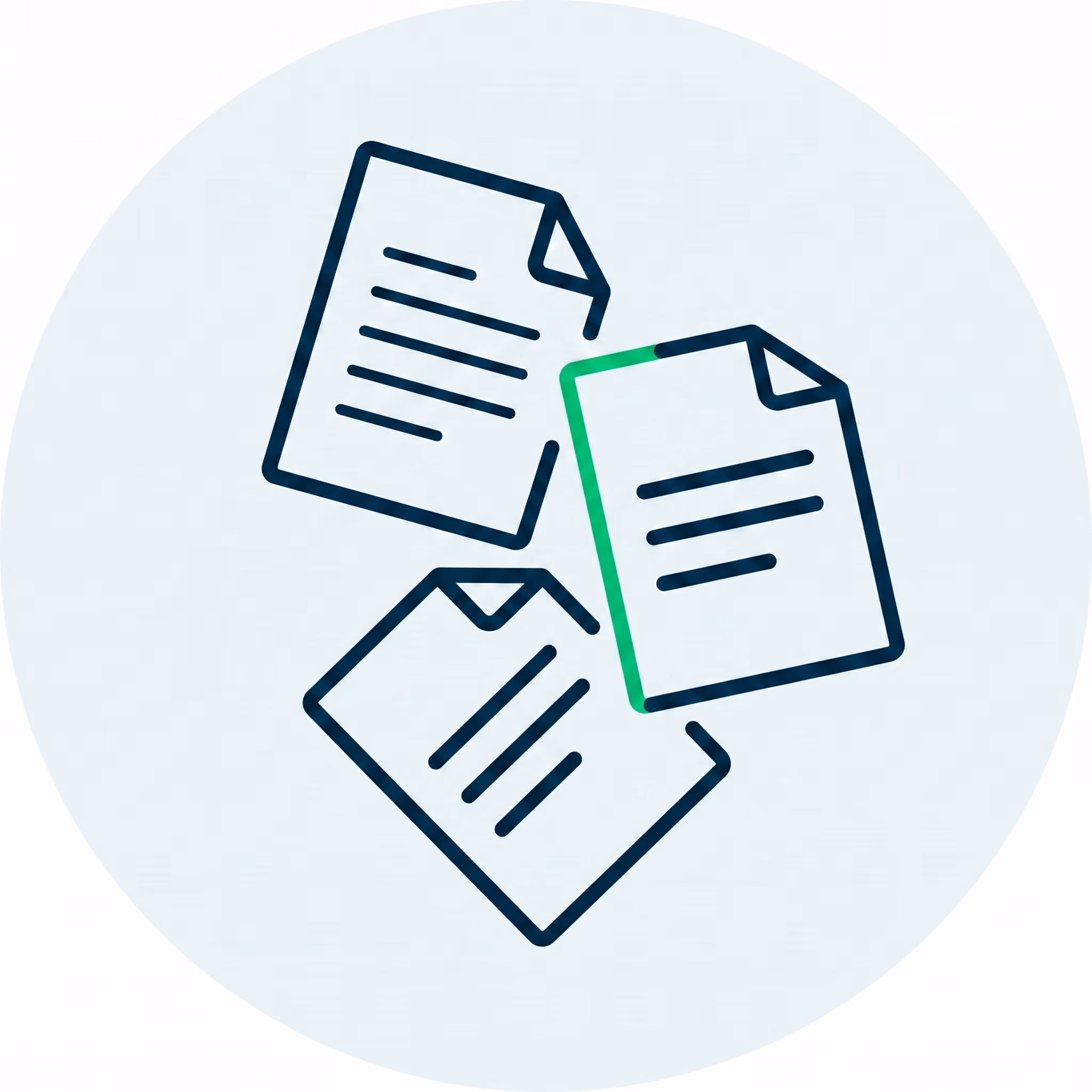 Icon of three stylized documents with lines representing text on a light circular background.