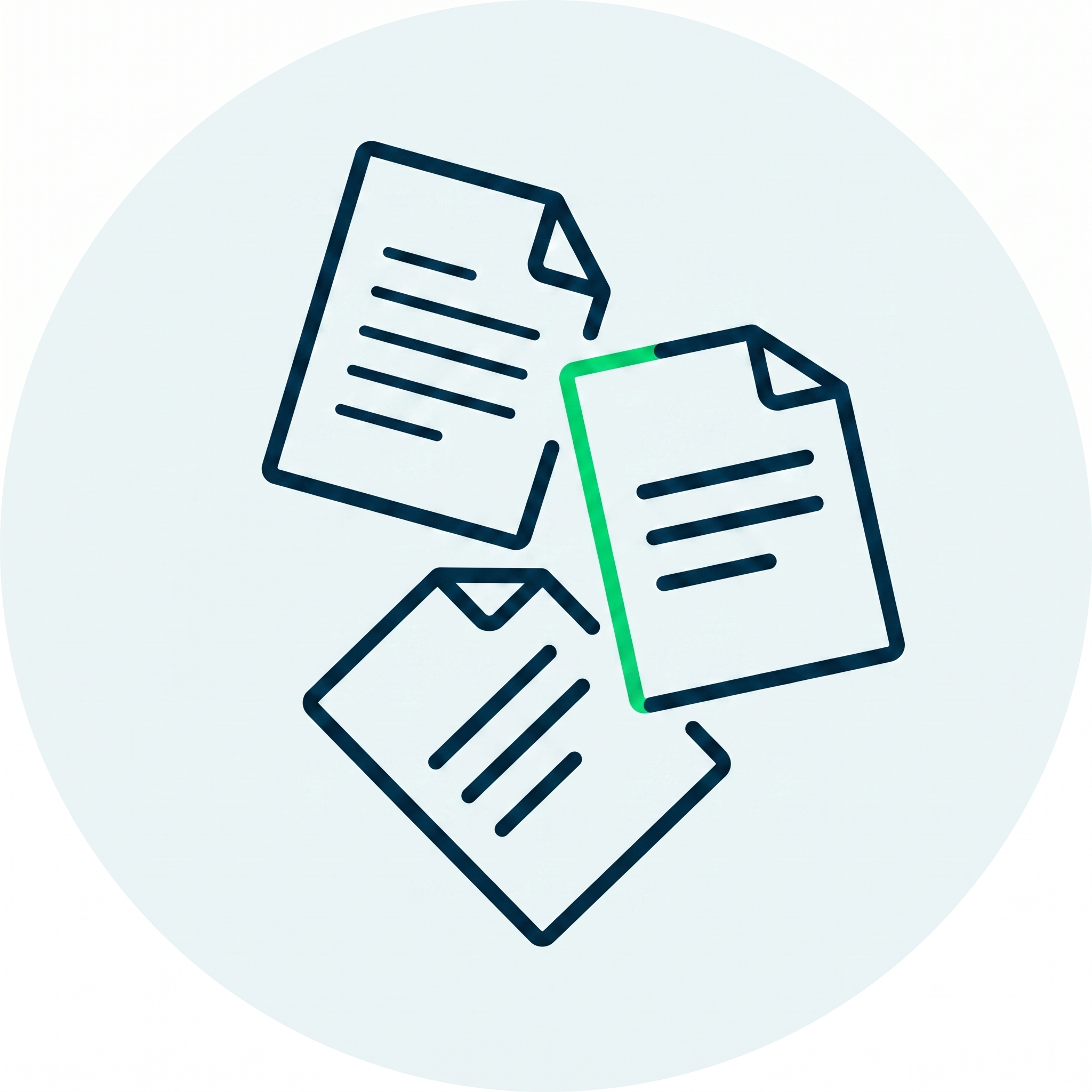 Icon of three stylized documents with lines representing text on a light circular background.