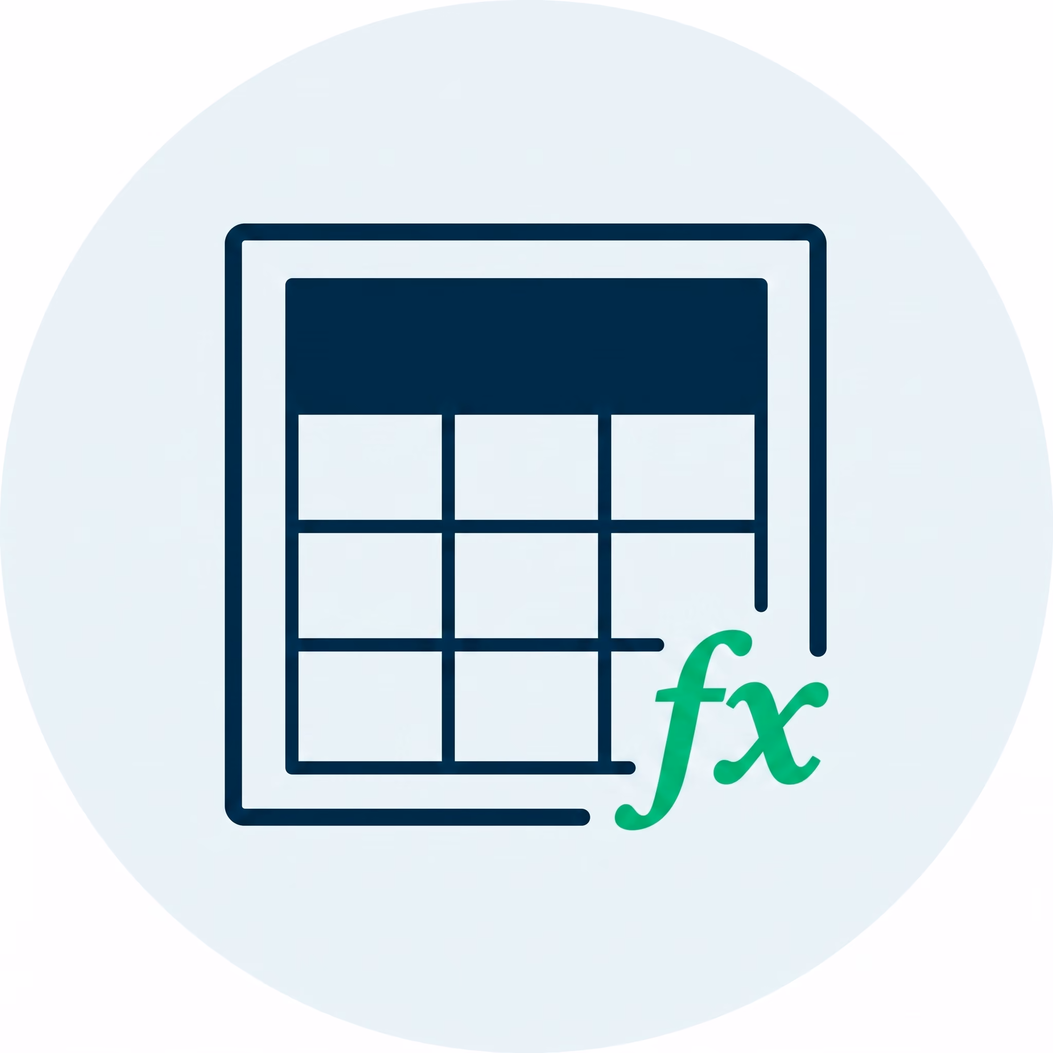 Icon of a spreadsheet grid with a header row and a green fx symbol for formulas