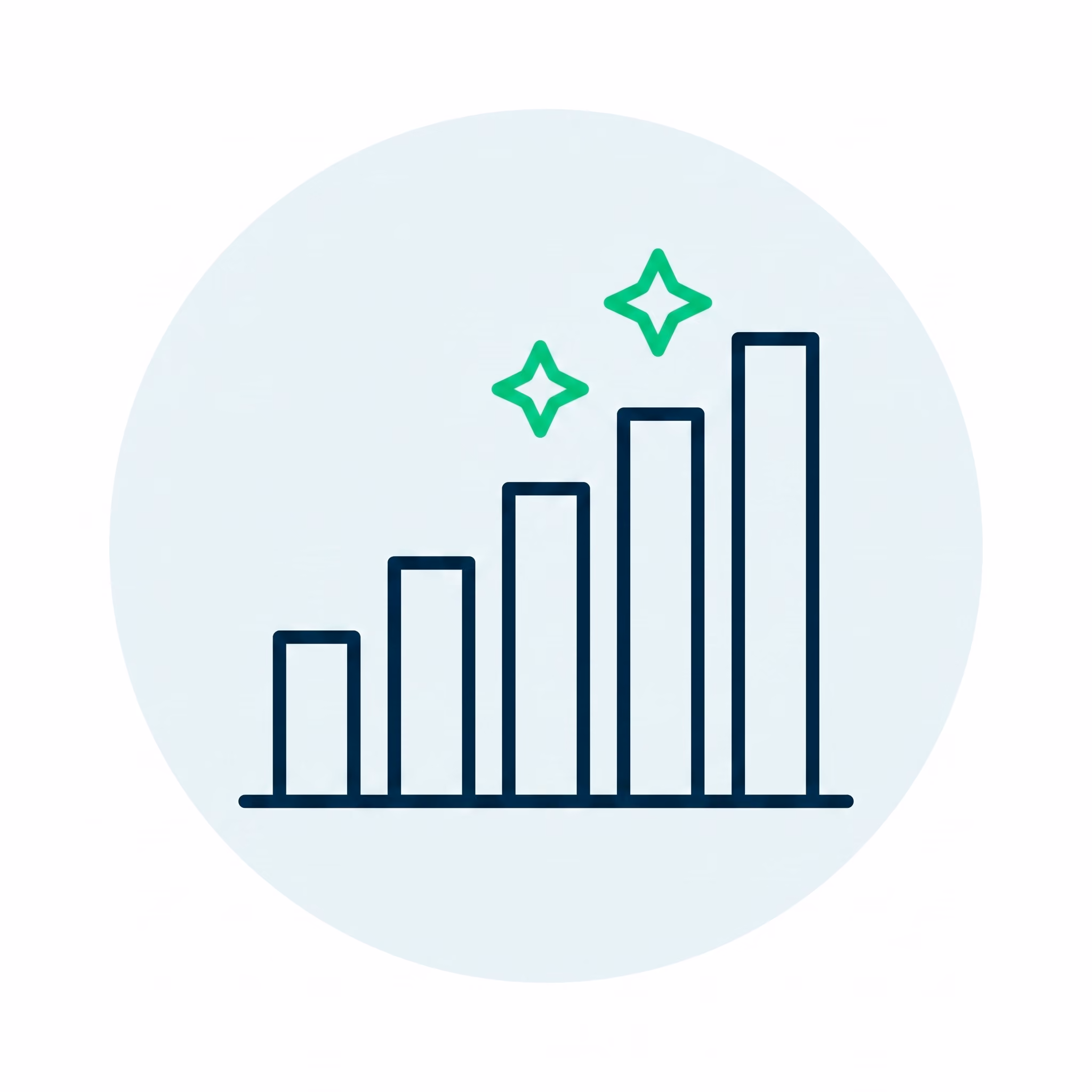 Bar chart with five ascending bars and two green sparkle icons above the top bars.