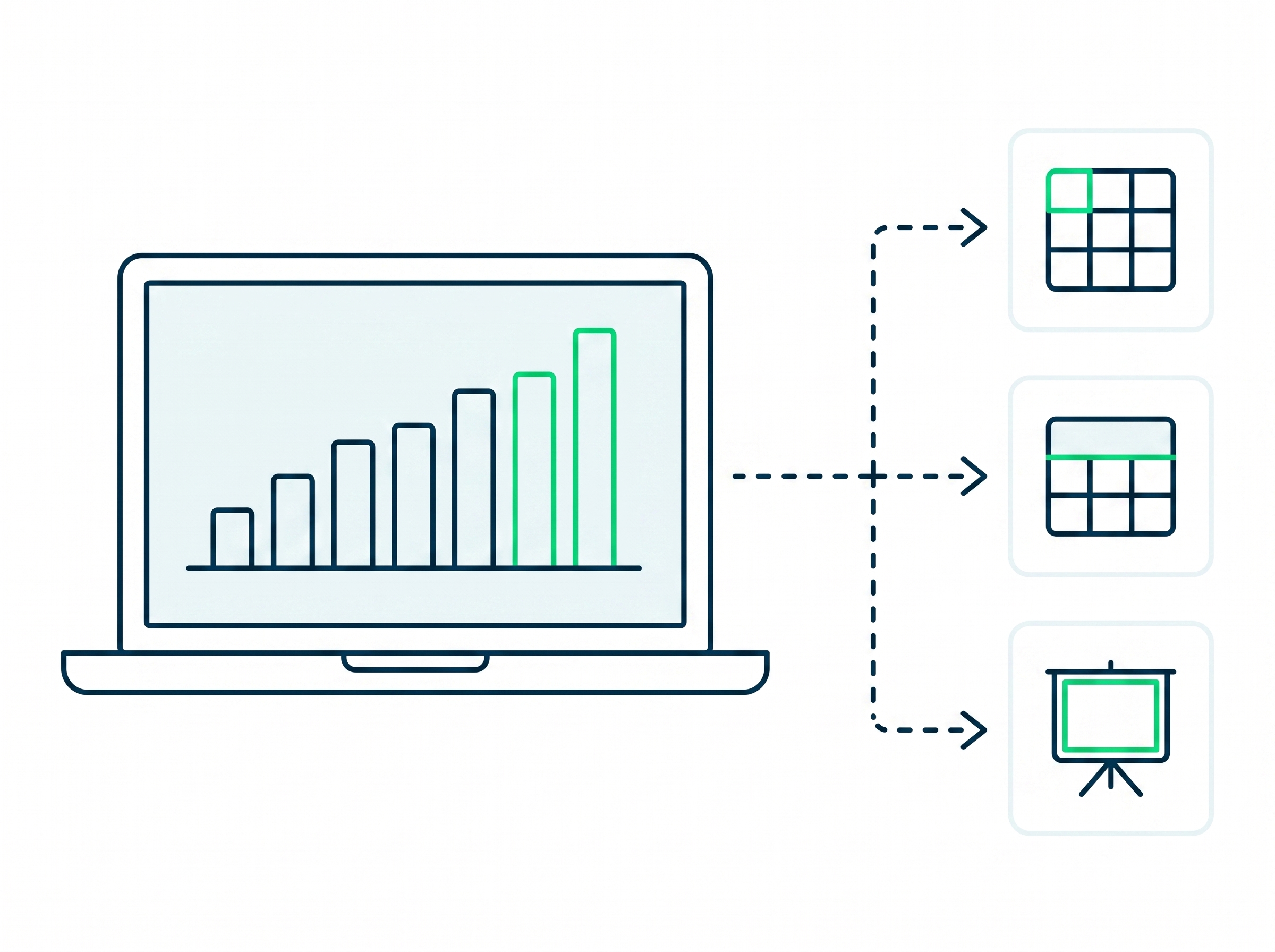 Laptop screen showing a bar chart and arrows pointing to three icons representing data export options.