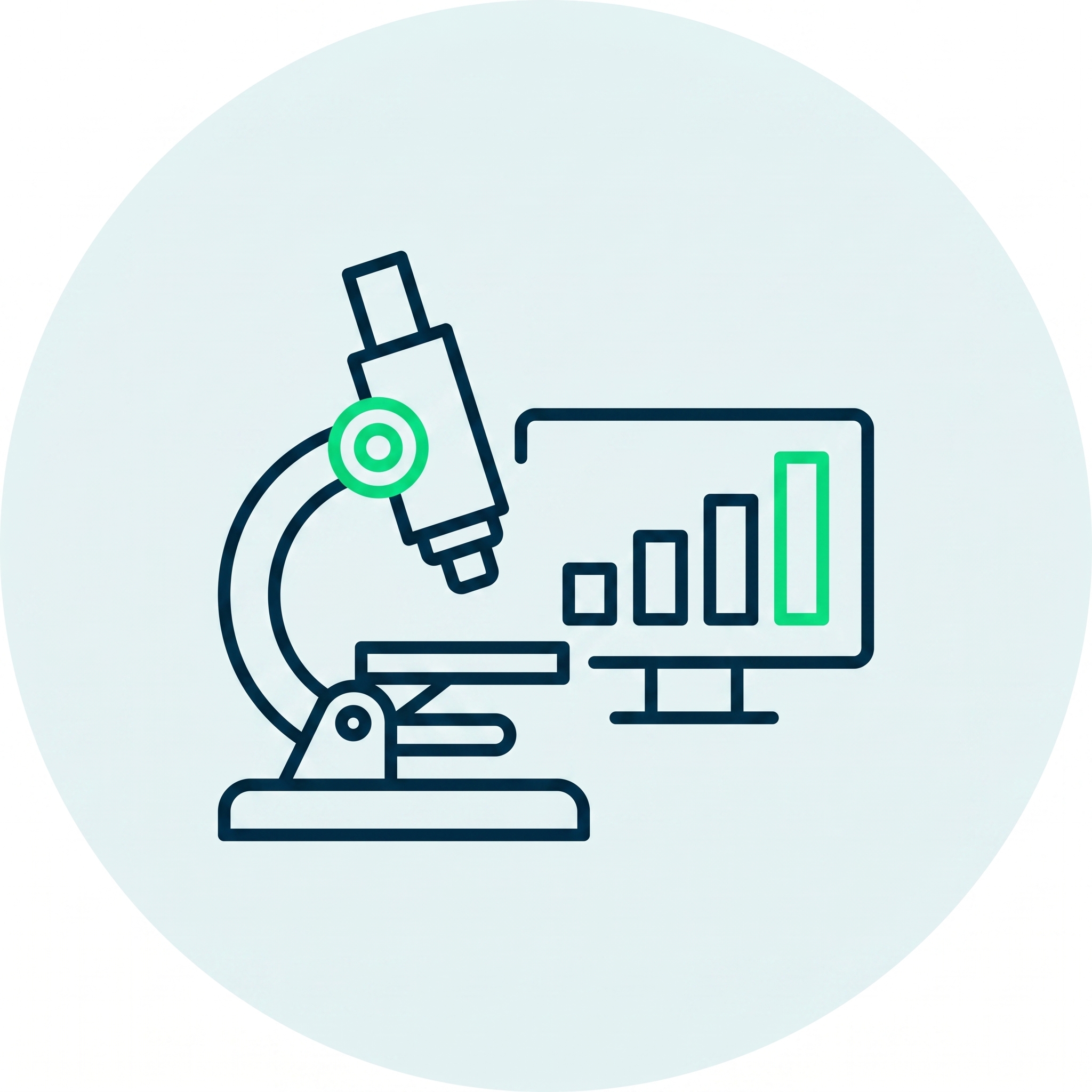 Outline of microscope examining data bars on a computer screen inside a light blue circle.