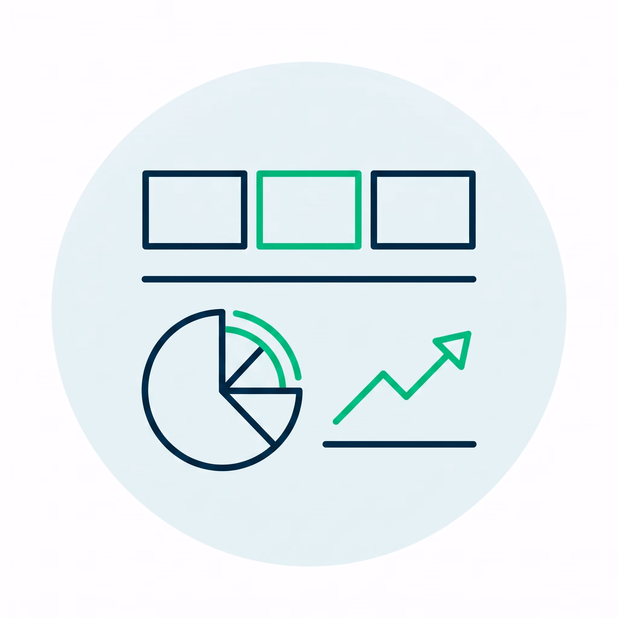 Circle with pie chart, upward trending line graph, and three rectangles, one highlighted in green.