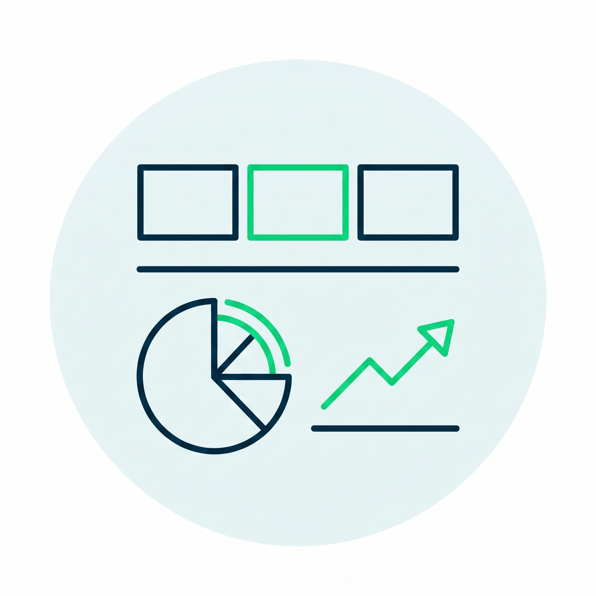 Circle with pie chart, upward trending line graph, and three rectangles, one highlighted in green.