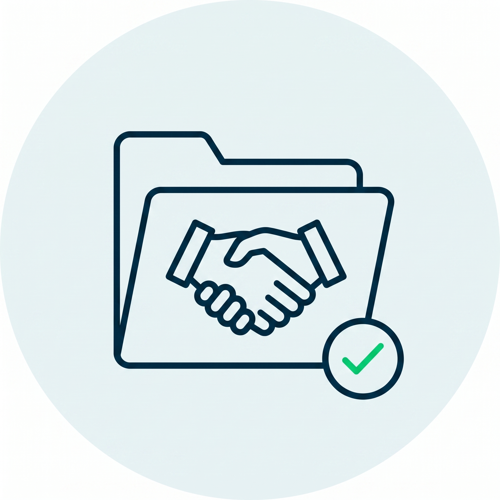 File folder with handshake icon and green check mark inside a circle on light blue background.