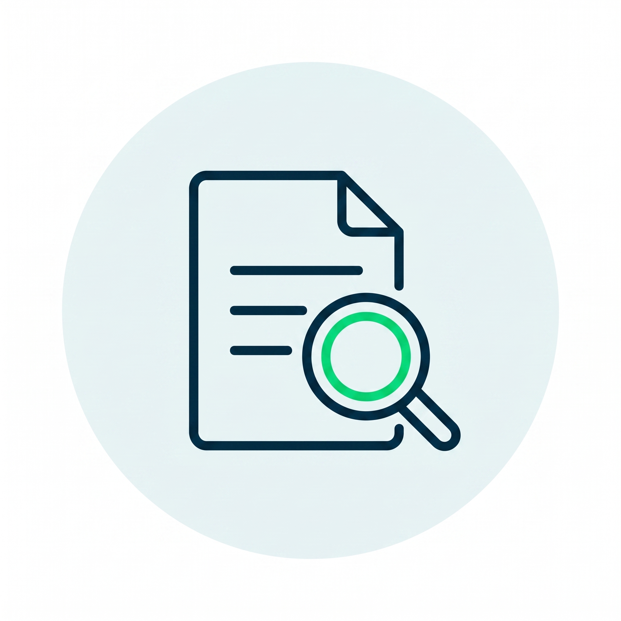 Icon of a document with lines and a magnifying glass over the bottom right corner.