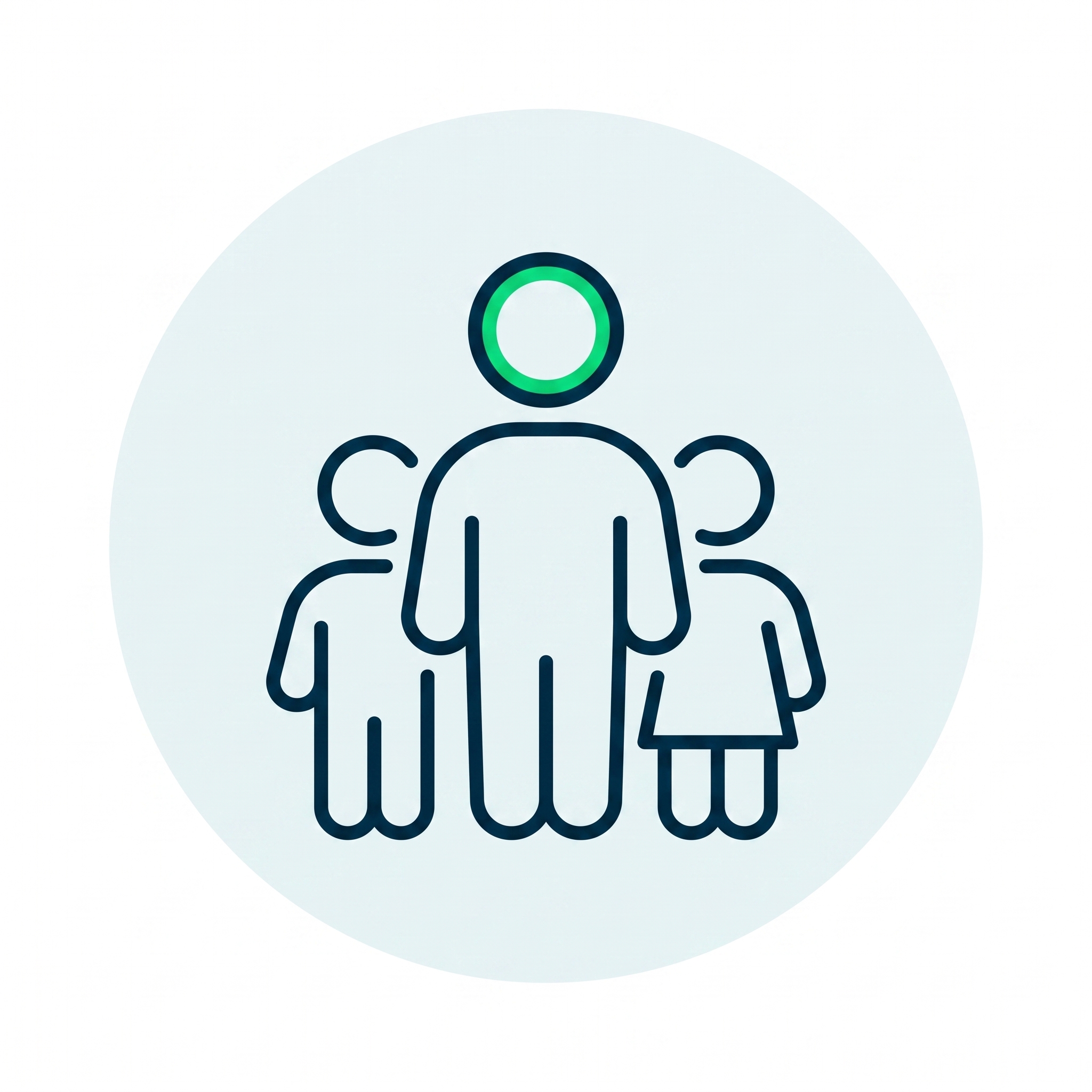 Icon of three people: a large figure with a green halo and two smaller figures on each side.