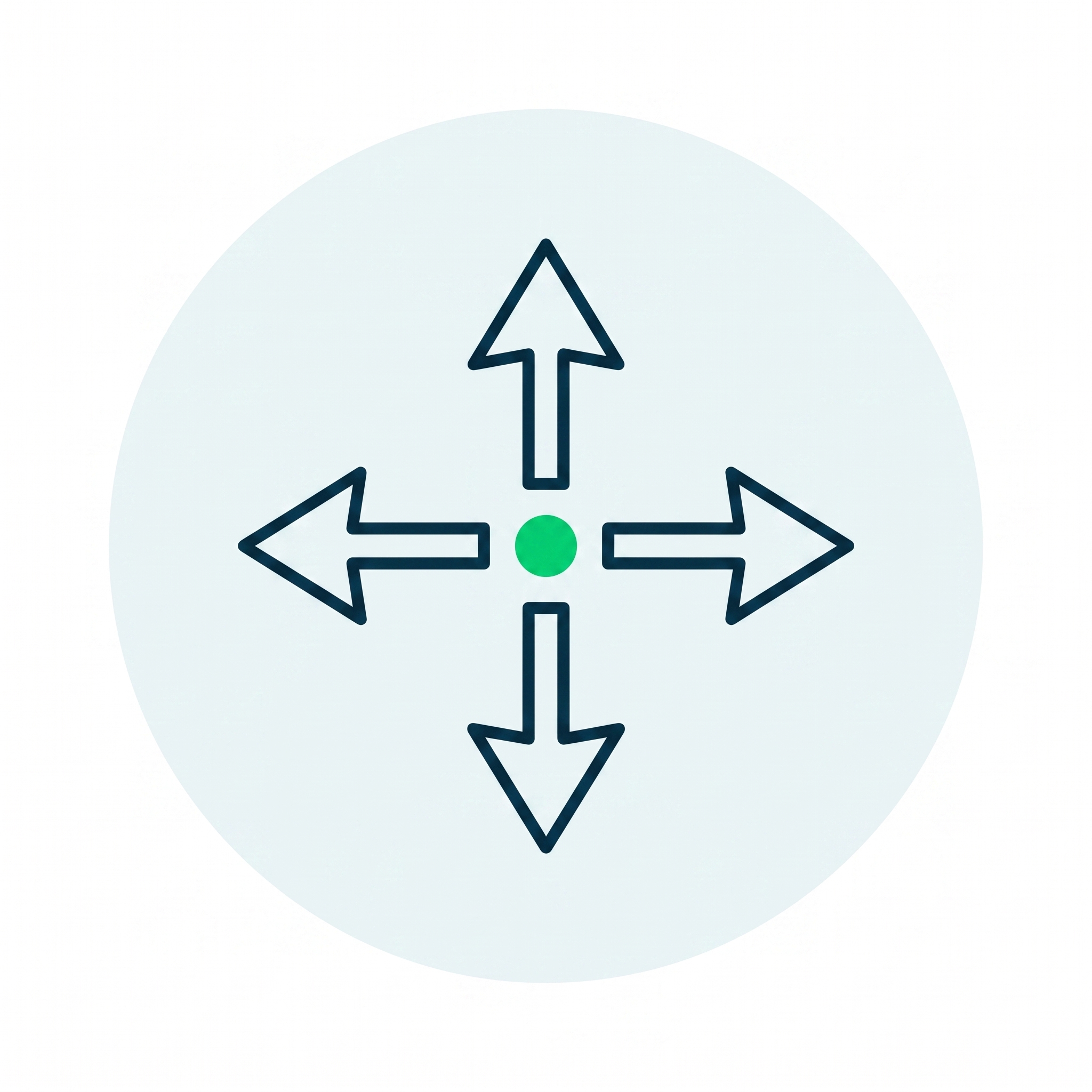 Four black arrows pointing up, down, left, and right from a green dot center in a light blue circle.