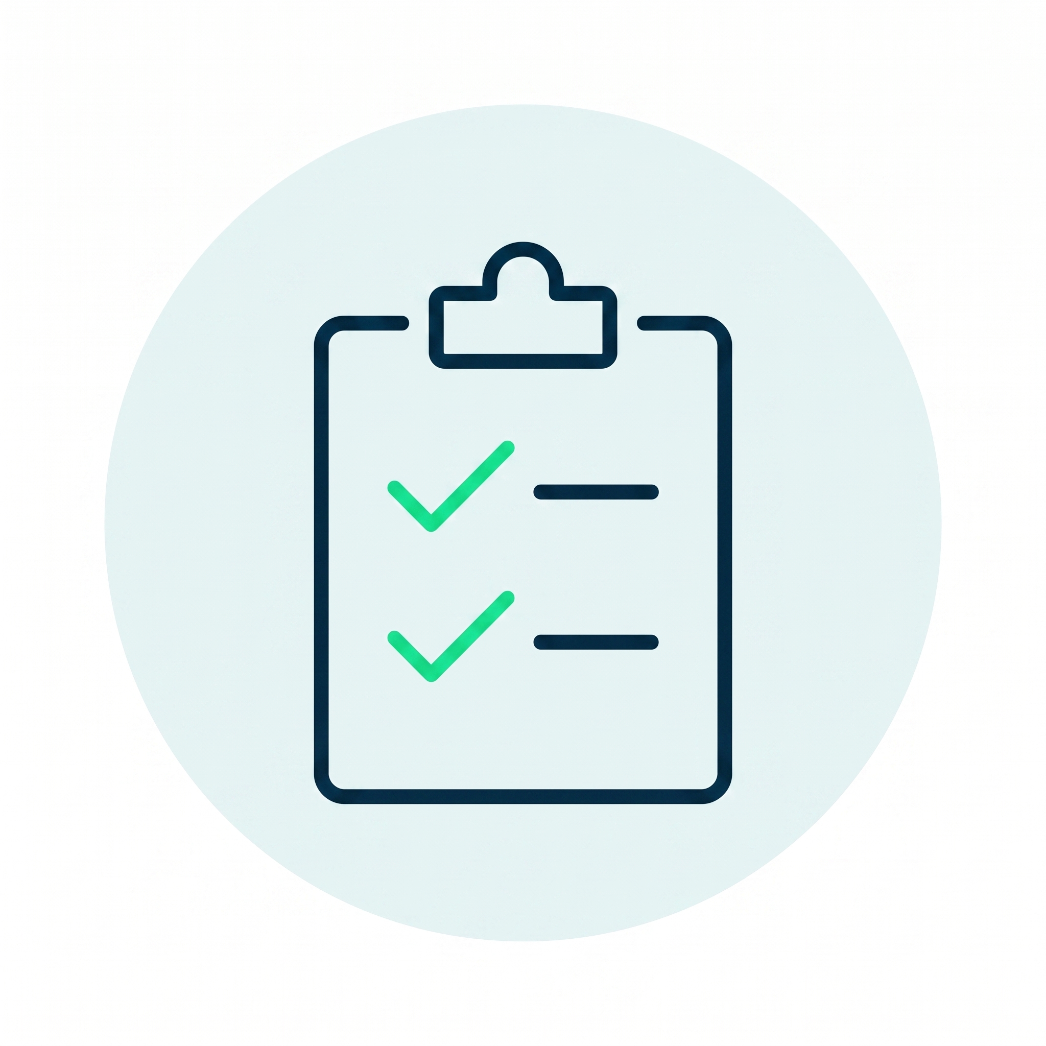 Clipboard icon with two green checkmarks and lines representing completed tasks.
