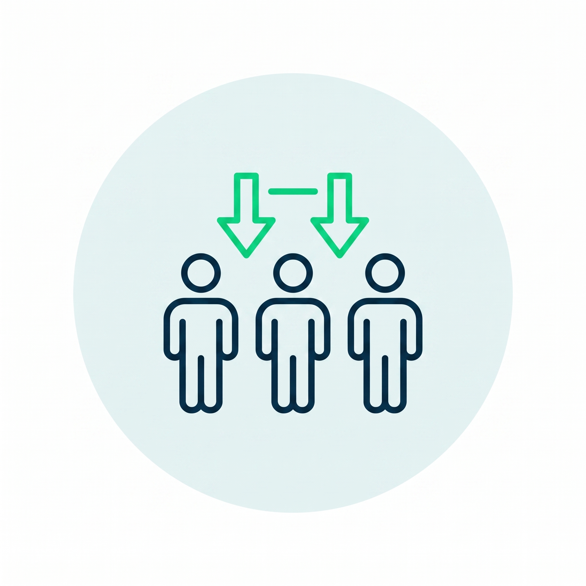 Icon of three people with two green arrows pointing down to the first and second person.