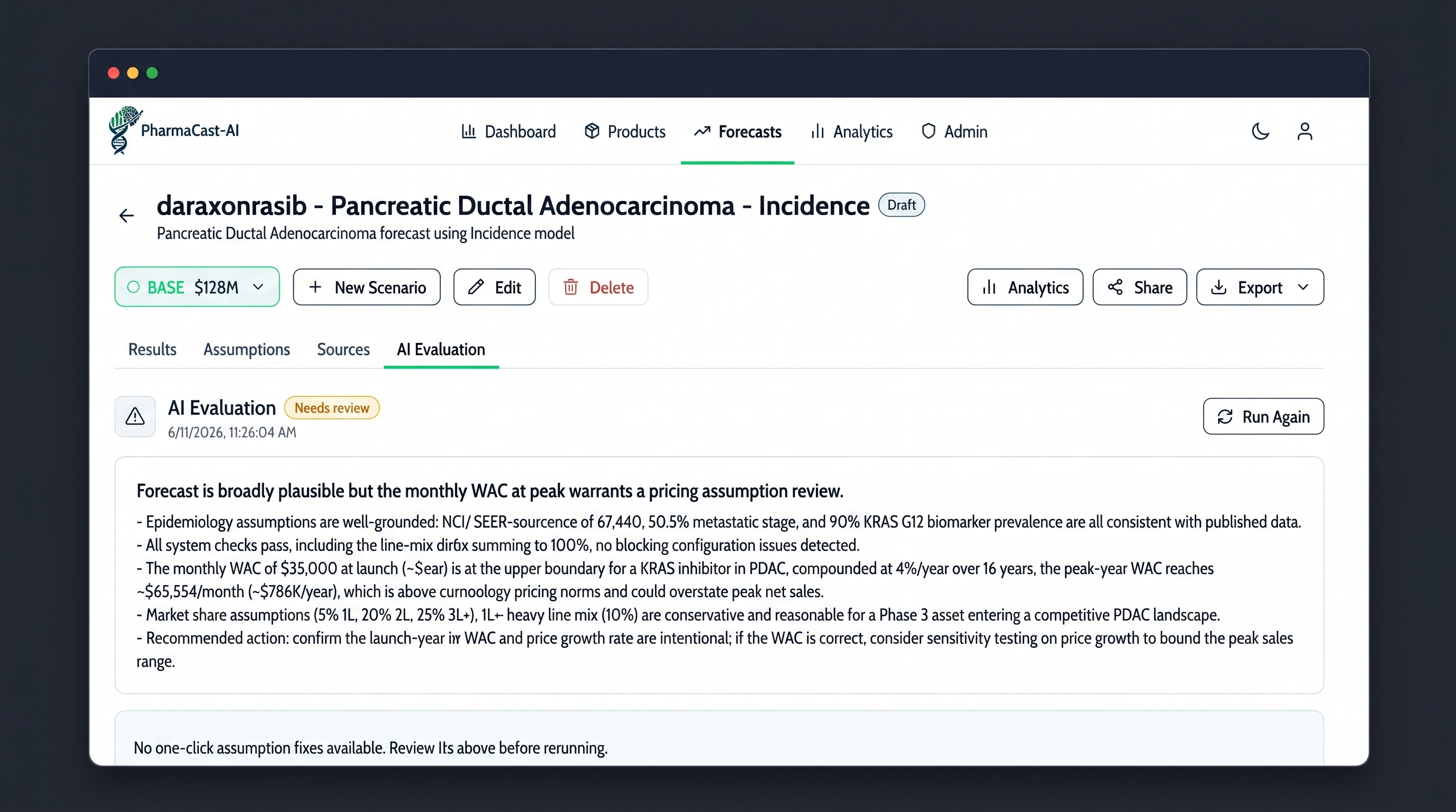 PharmaCast-AI forecast screen showing daraxonrasib pancreatic cancer incidence AI evaluation needing review.