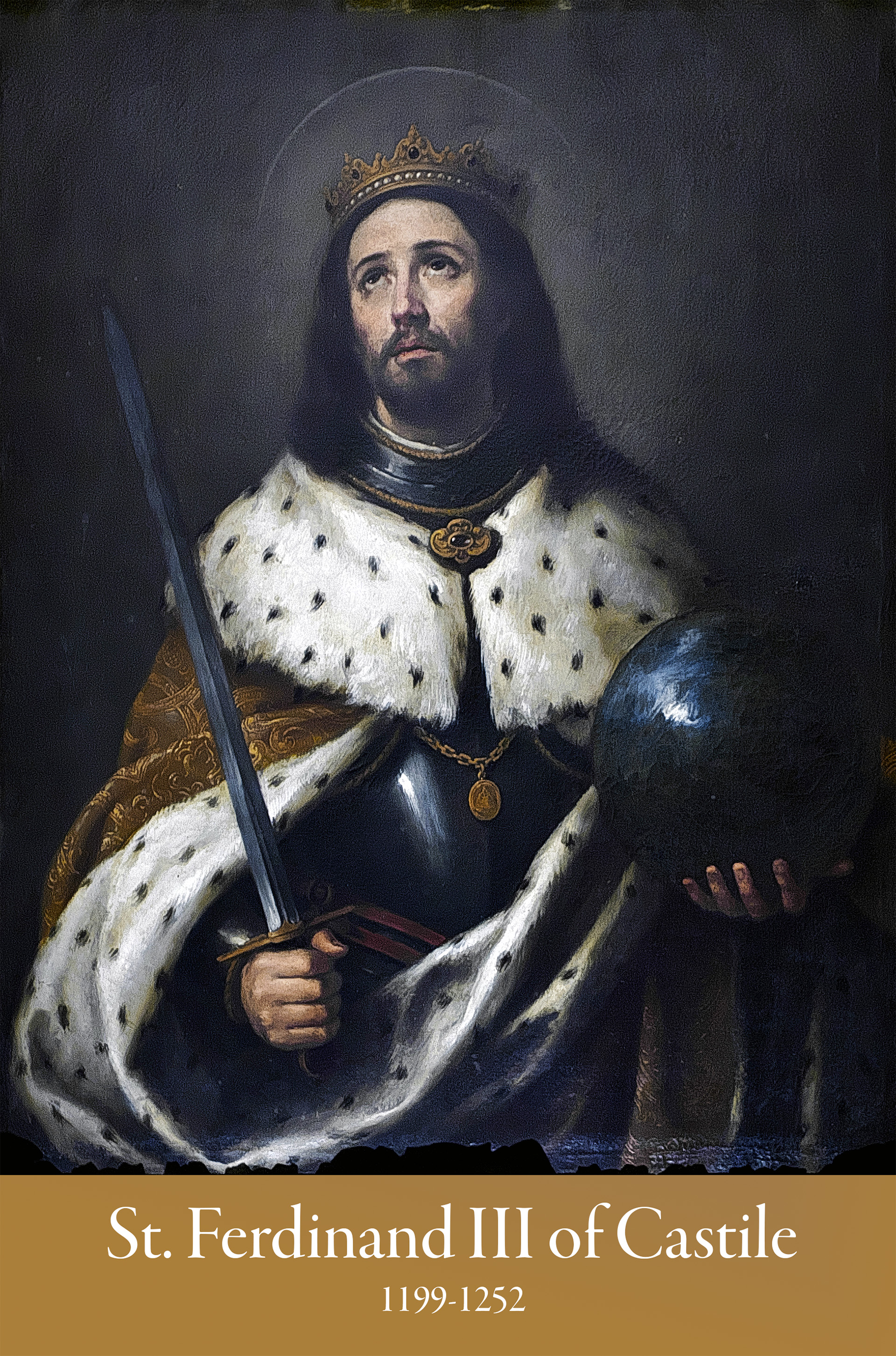 Portrait of St. Ferdinand III of Castile wearing a crown, holding a sword and orb.