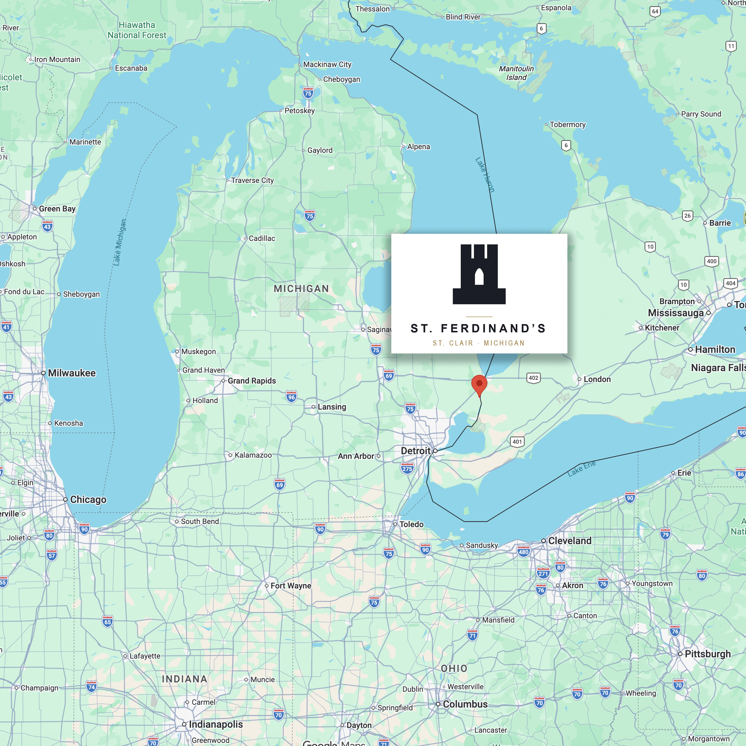 Map showing St. Ferdinand’s location near Detroit in St. Clair, Michigan, marked with a red pin.