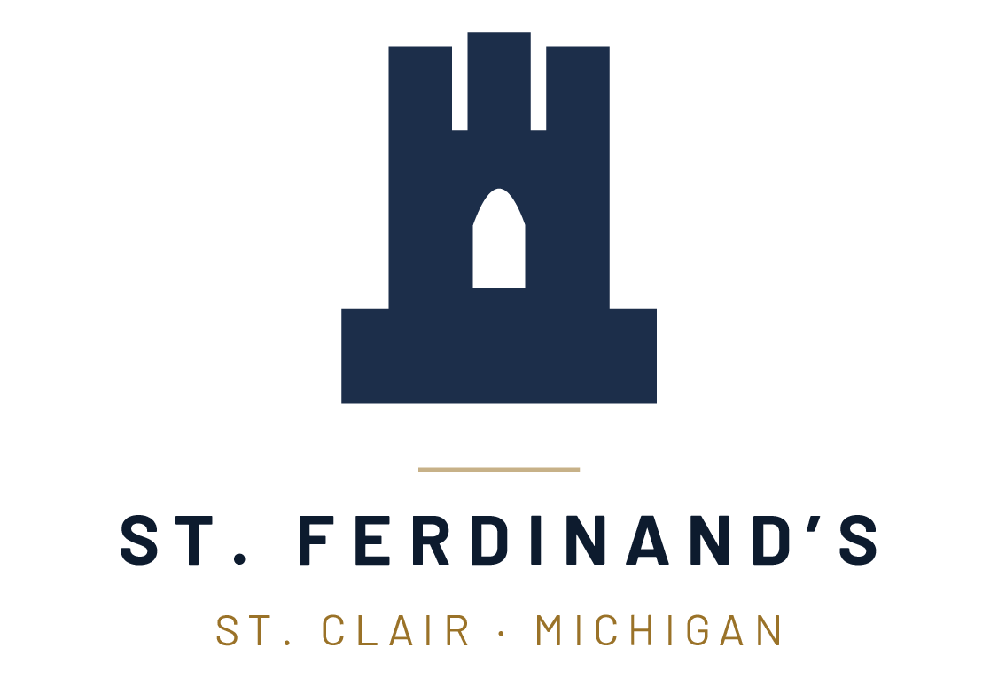 Logo of St. Ferdinand's featuring a blue castle tower with text St. Ferdinand's and St. Clair Michigan.