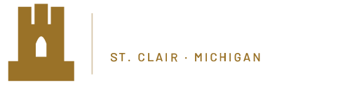 Brown stylized tower icon next to text 'ST. CLAIR · MICHIGAN' in brown.