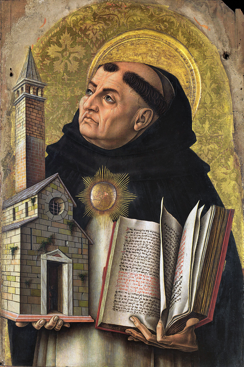 Saint in black robe holds model church and open book with text, gold halo behind his head.