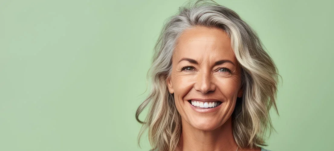 Smiling middle-aged woman with gray hair against a light green background.