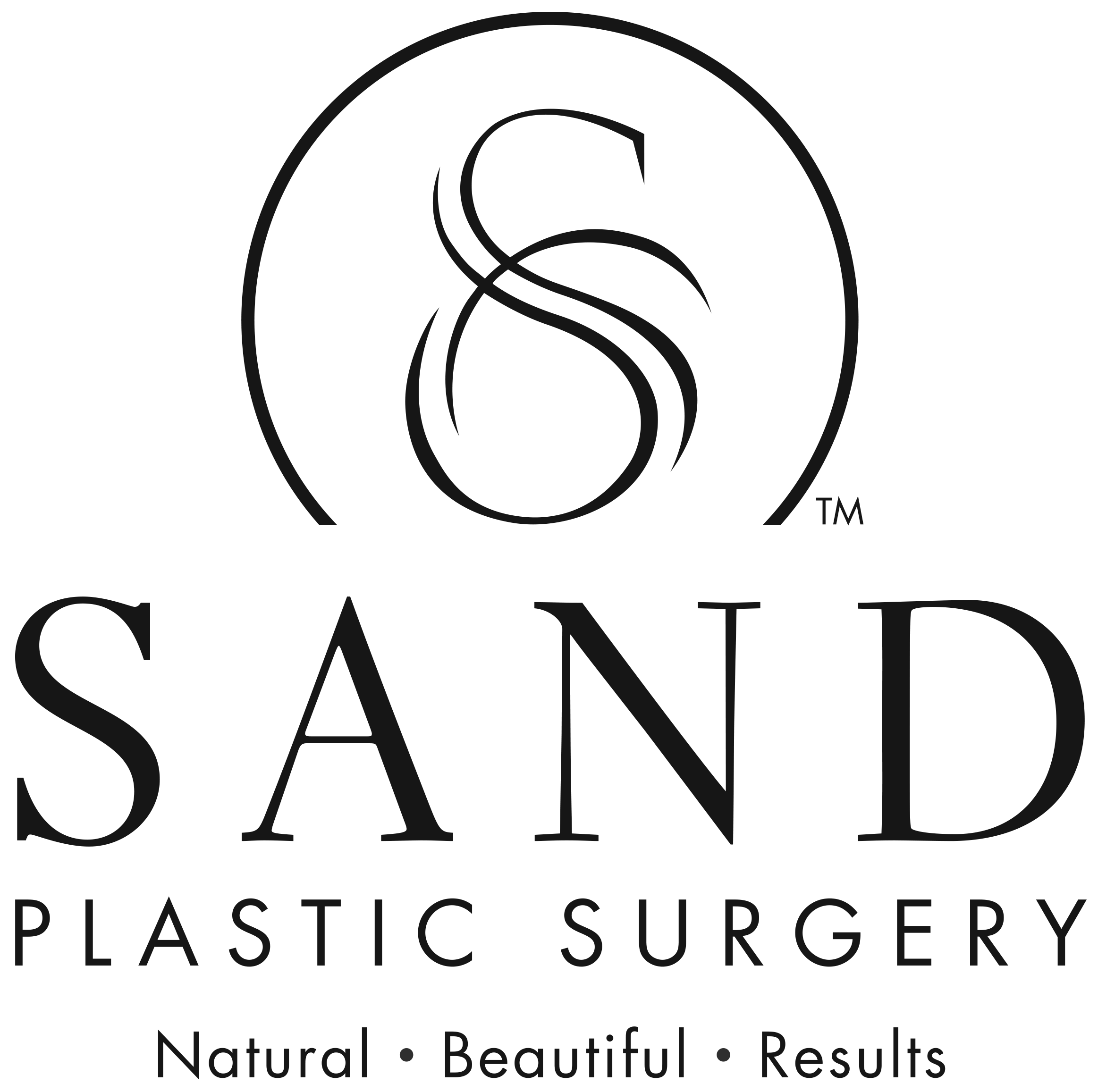 Logo for SAND Plastic Surgery featuring stylized intertwined letters S and P inside a circle, with the tagline Natural, Beautiful, Results below the company name.