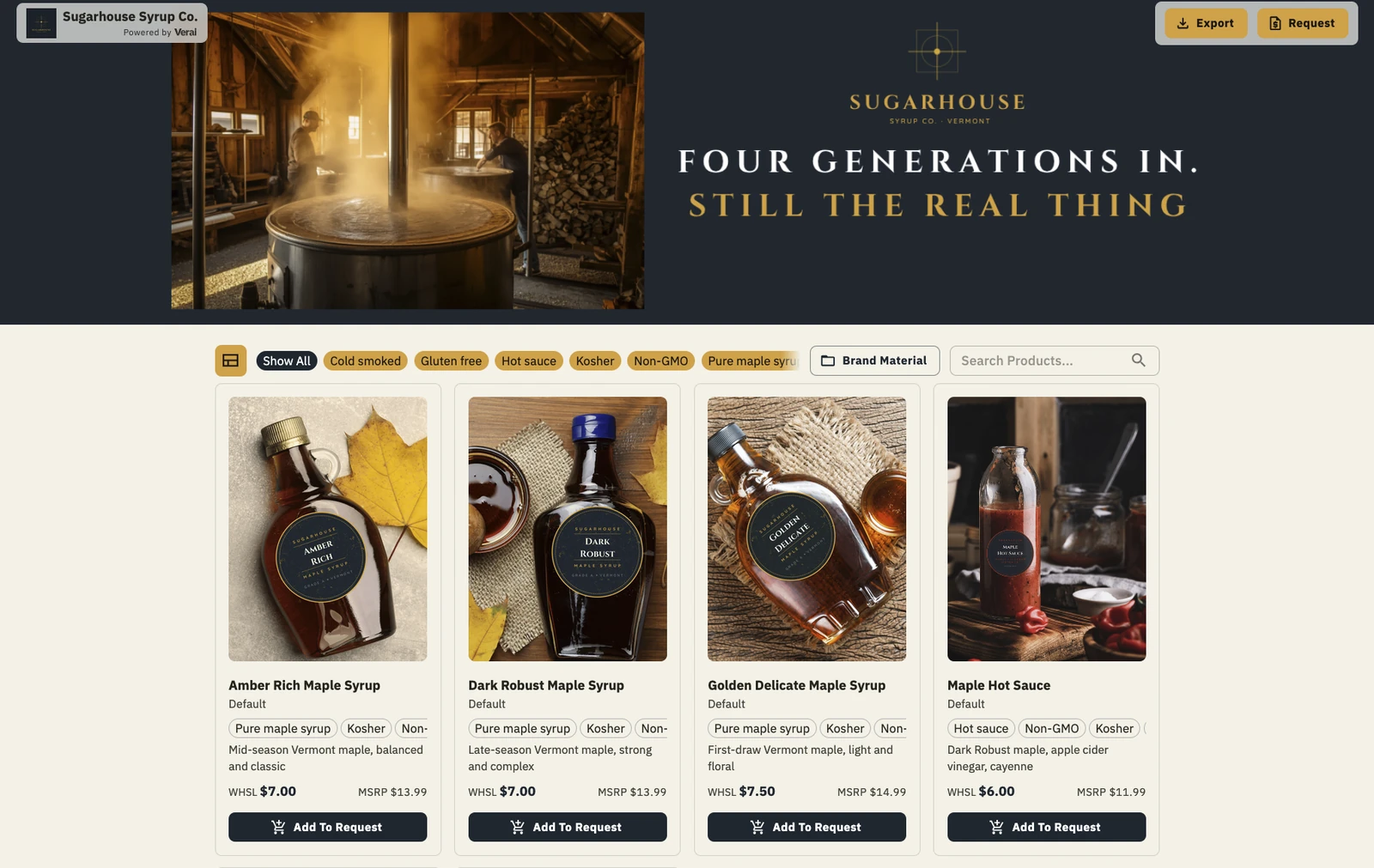 Brand Portal buyer view showing wholesale pricing, certifications, and product details.