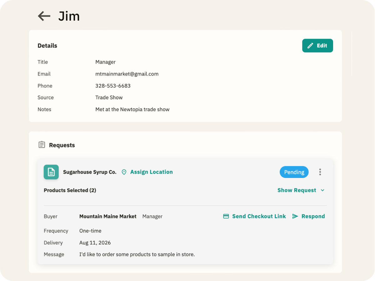 A buyer contact record in Verai's Request Inbox