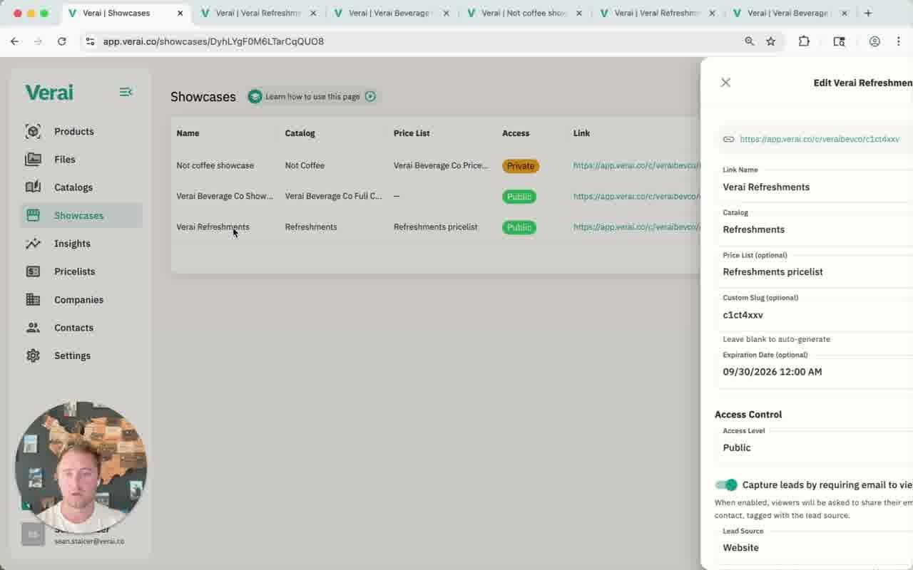 Editing a showcase: catalog, price list, custom slug, expiration date, and access control all live in one panel.