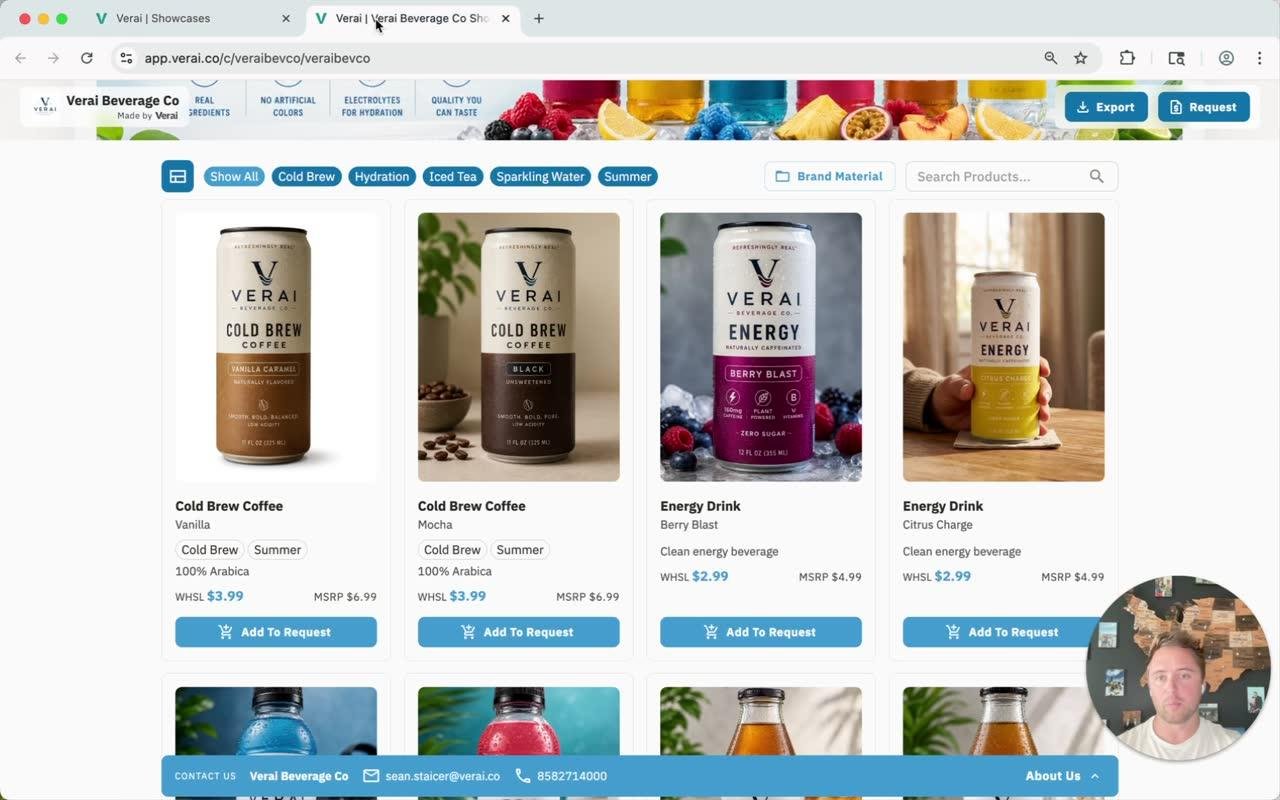 A showcase from the buyer's point of view — a banner, filterable products, and an Add to Request button in place of Add to Cart.