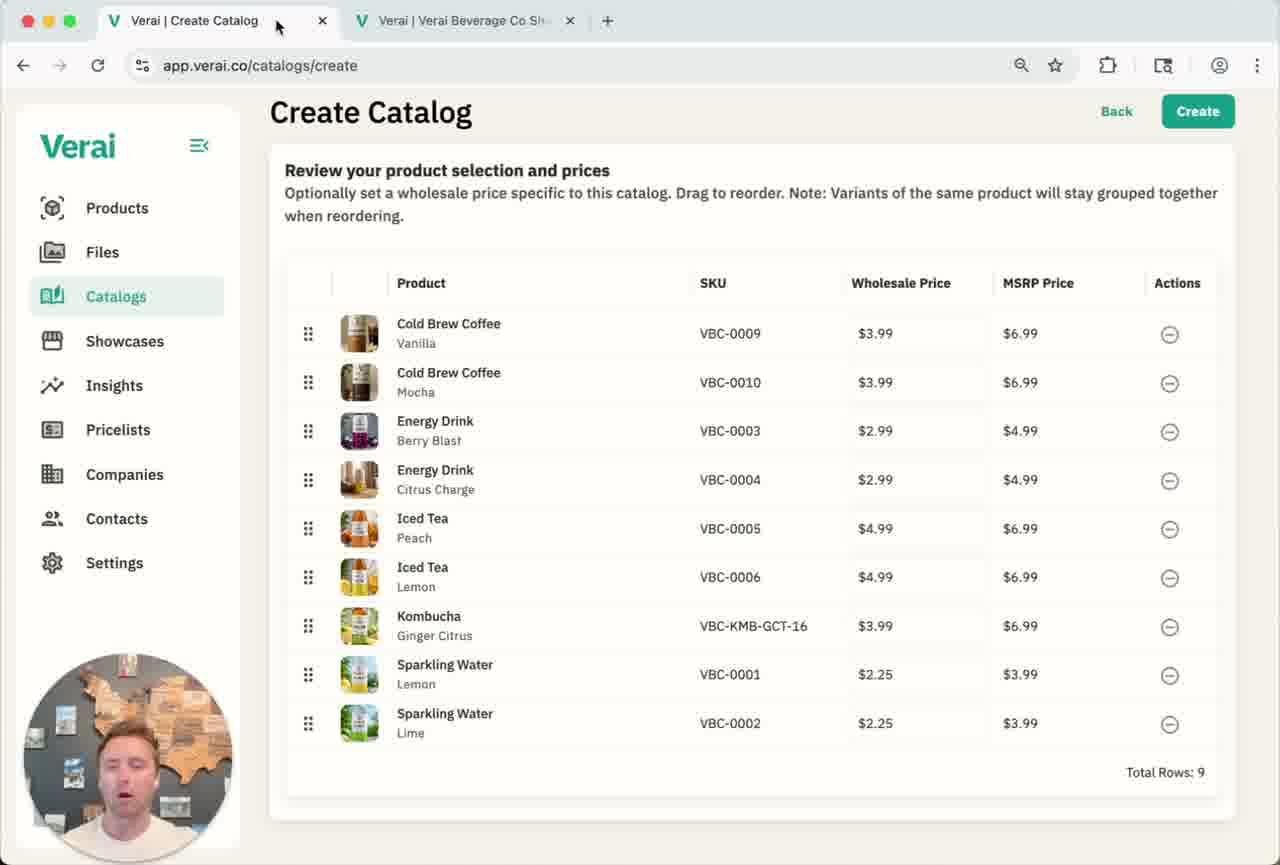The review screen lets you set a catalog-specific wholesale price for each product before creating the catalog.
