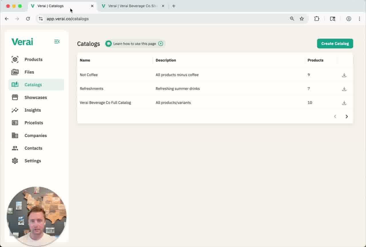 The Catalogs page lists every catalog you've created, along with how many products each one contains.