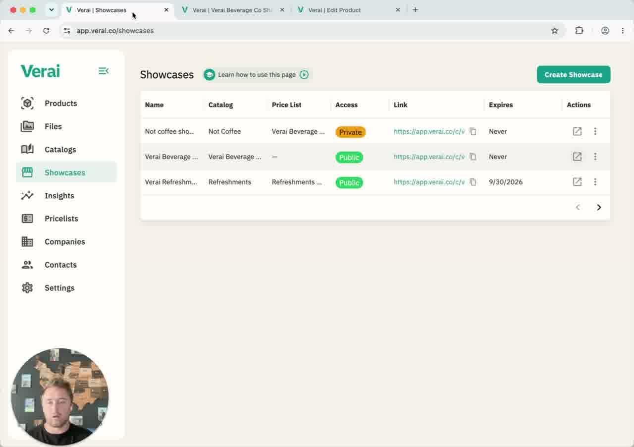 Pricelists attach to a showcase from the Price List column — every product in that showcase inherits the discount automatically.