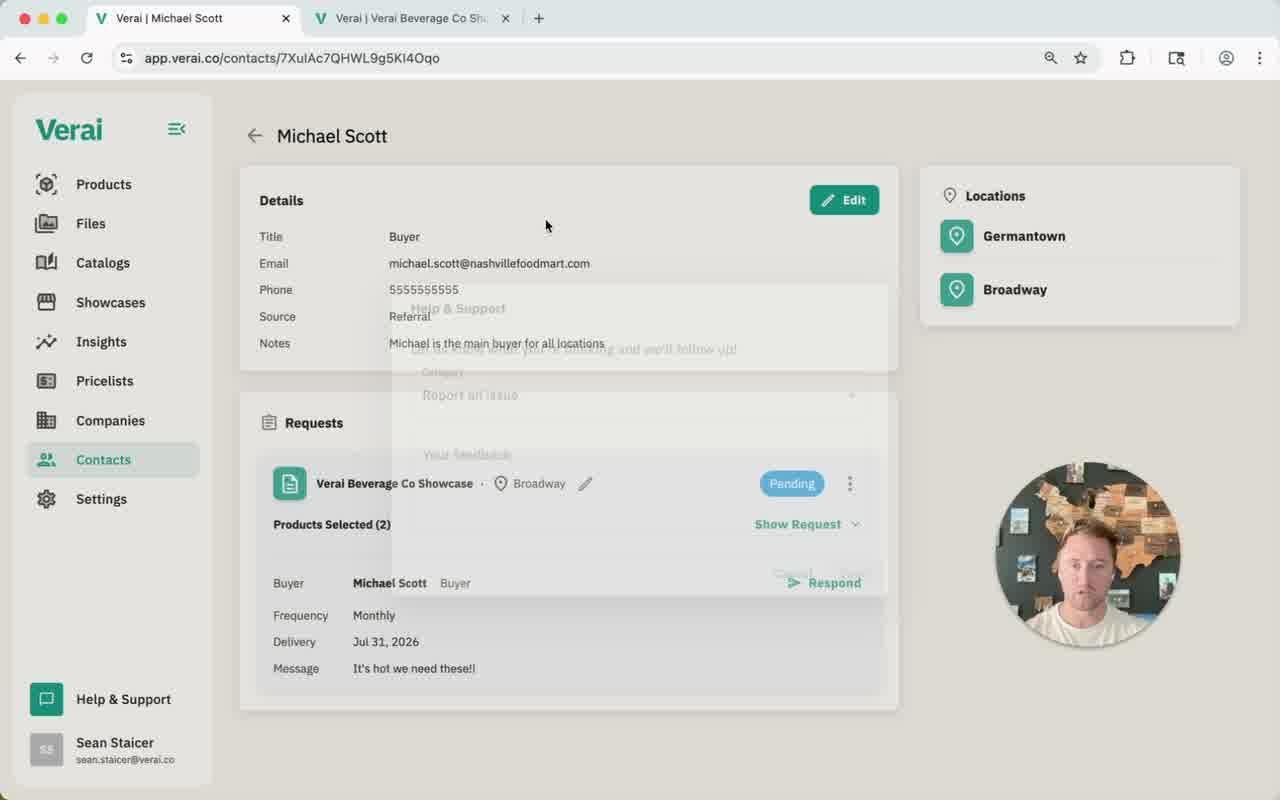 A contact's record shows which locations they work at, alongside their request history.
