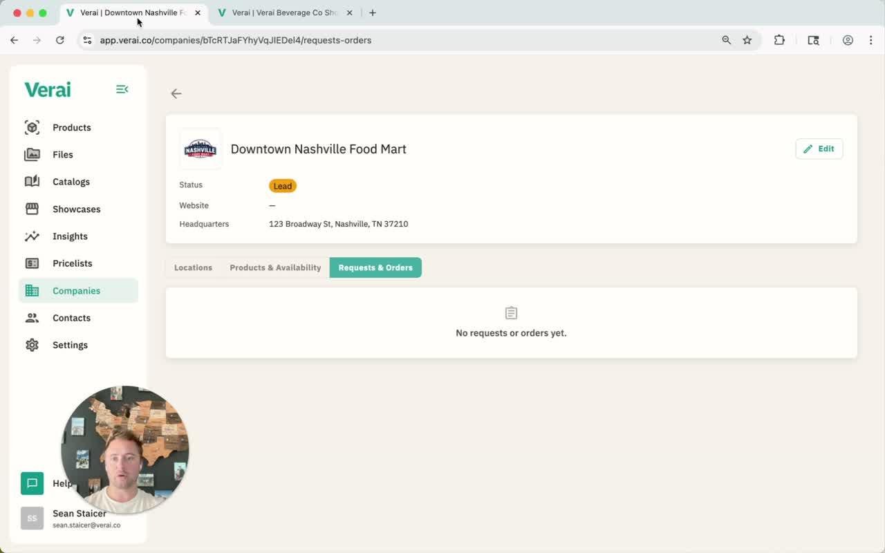 Each company record shows status, website, and headquarters, with tabs for Locations, Products & Availability, and Requests & Orders.