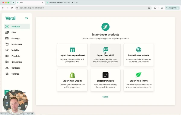 Import Products: bring in your catalog from a spreadsheet, PDF, website, Shopify, Faire, or with help from Thrive.