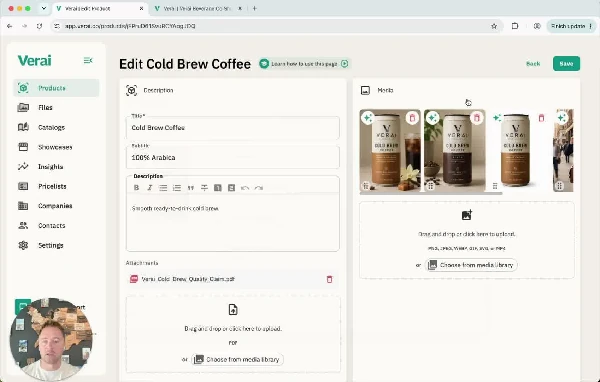 A product record: description, media gallery, and attachments (like a quality-claim PDF) live together.