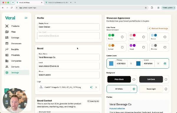 Settings: brand details, AI context, and full control over how your Brand Portal appears to buyers.