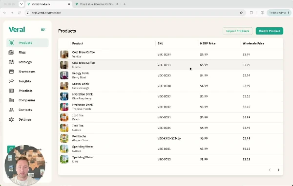 The Products page: your full catalog, with SKUs and both price tiers at a glance.