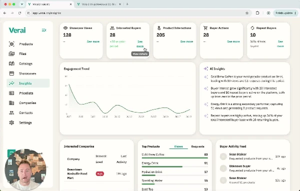 Insights: buyer engagement and product interest, tracked automatically across your showcases.