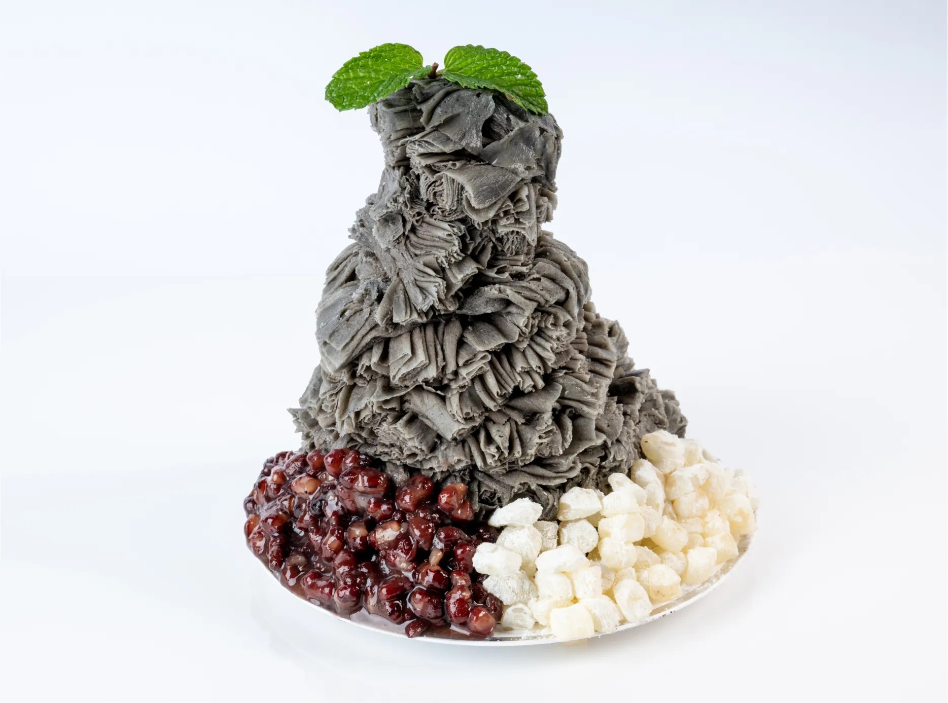 Oakobing injeolmi bingsu, traditional Korean milk shaved ice with red beans and mochi