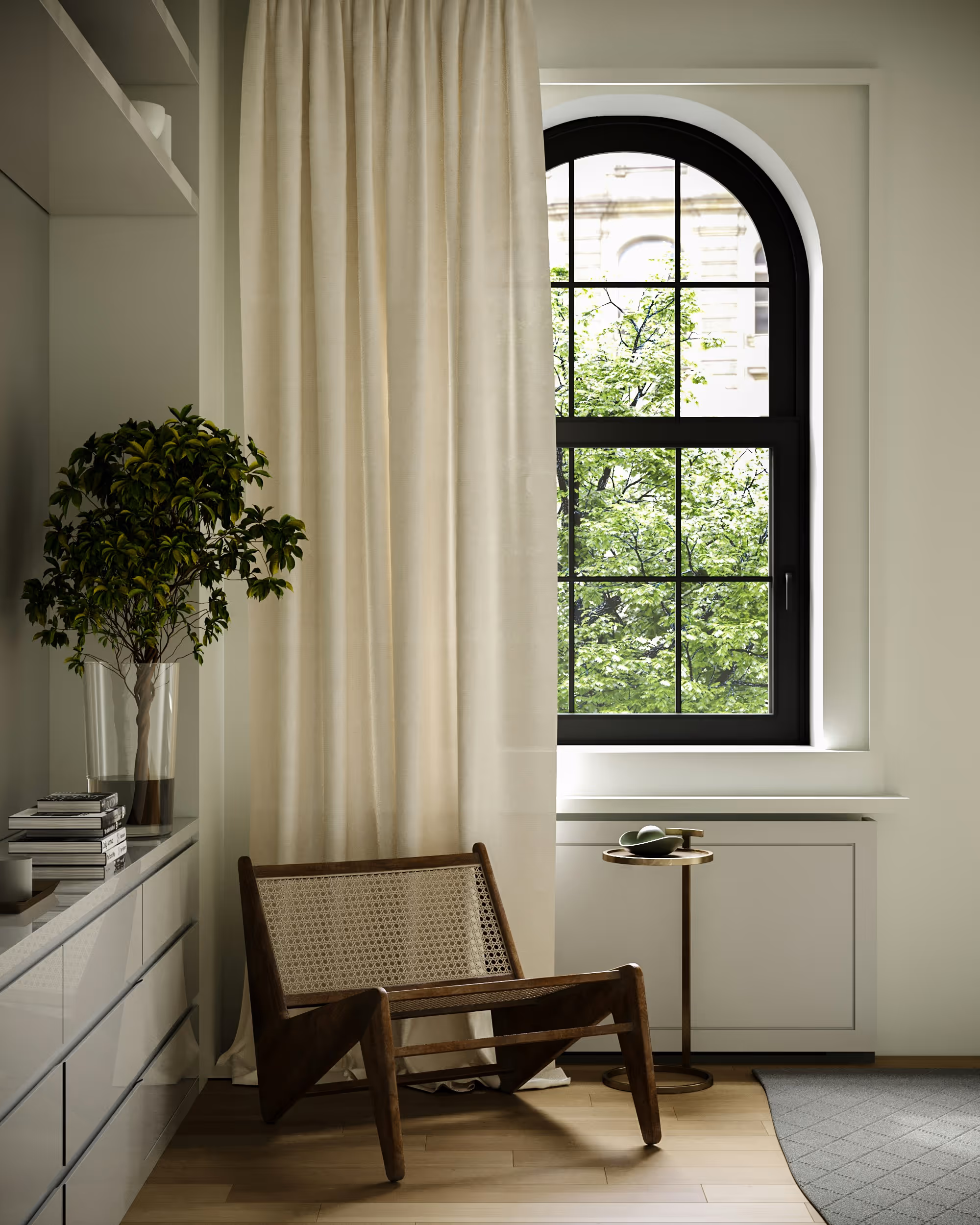 Modern room with a woven wooden chair, a side table, potted plant, and arched window with green trees outside.